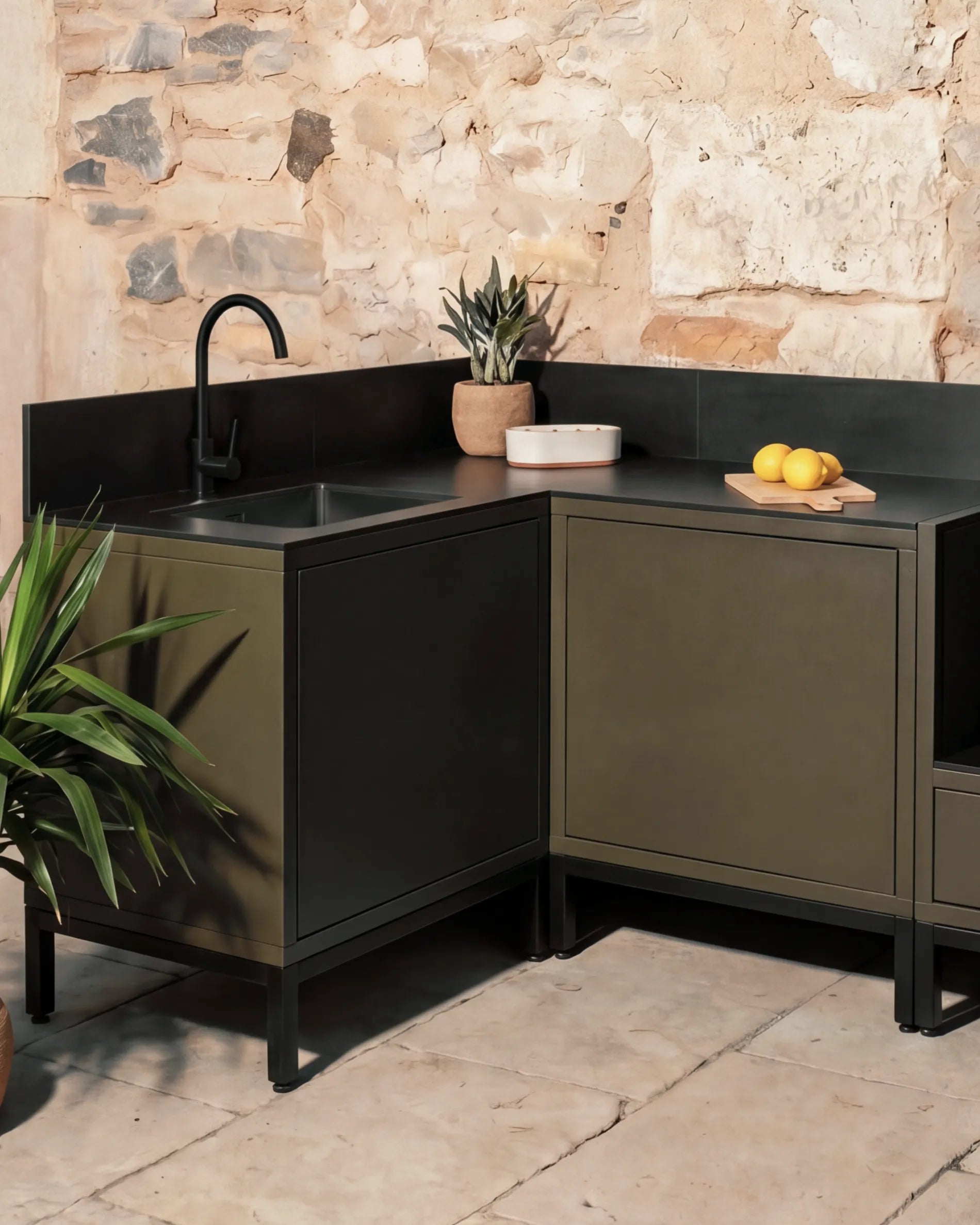 Olive Green PILOTIS Corner Unit with Sink and Black Worktop, Outdoor Kitchen