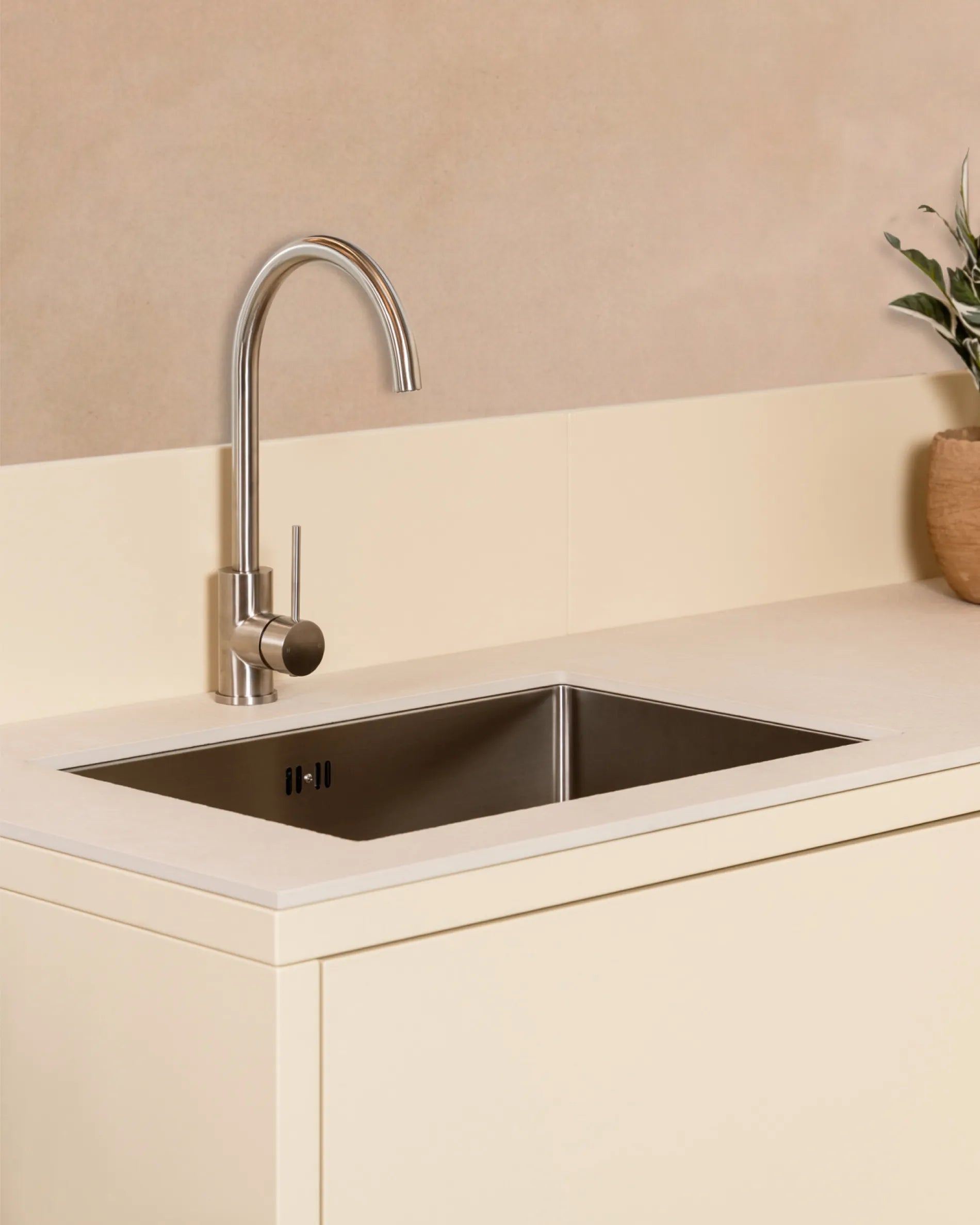 Cream beige cabinet, PILOTIS Sink Module with chrome faucet, outdoor kitchen