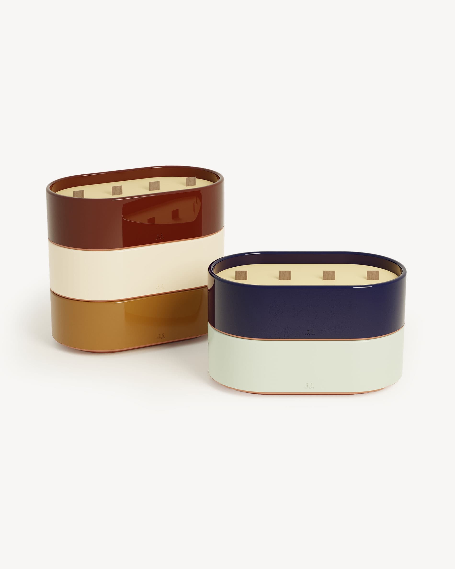 Set of Totem L glazed ceramic candles: oxide red – citronella & geranium, ivory beige – citronella & lemon, sienna brown – citronella & orange blossom, navy blue – citronella & sea salt, water green – citronella & eucalyptus.