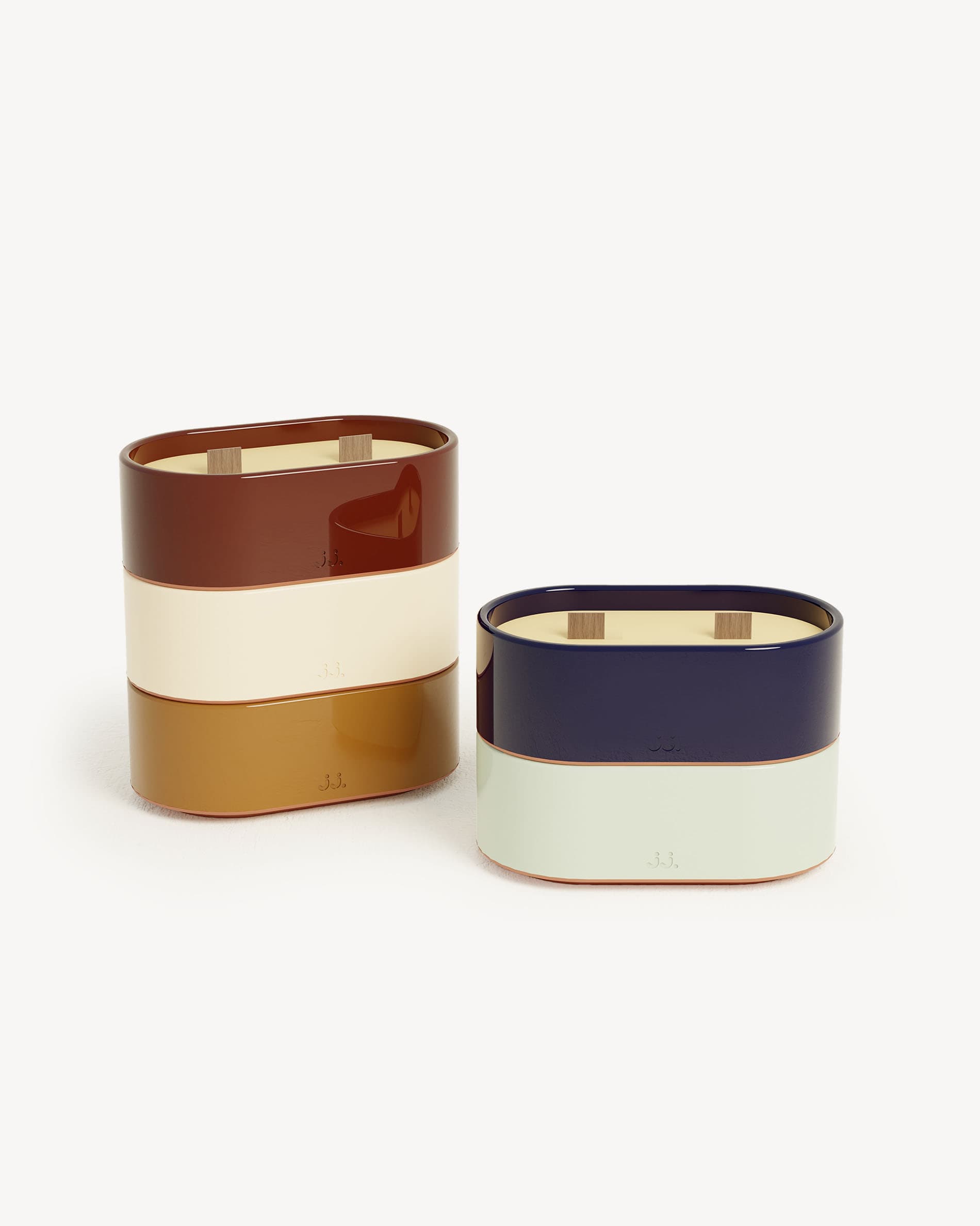Set of Totem S multicolored ceramic candles: water green with citronella & eucalyptus, navy blue with citronella & sea salt, oxide red with citronella & geranium, sienna brown with citronella & orange blossom, ivory beige with citronella & lemon.