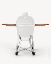 Kokko kamado stand with wheels and foldable wooden side shelves, front view on a neutral background.