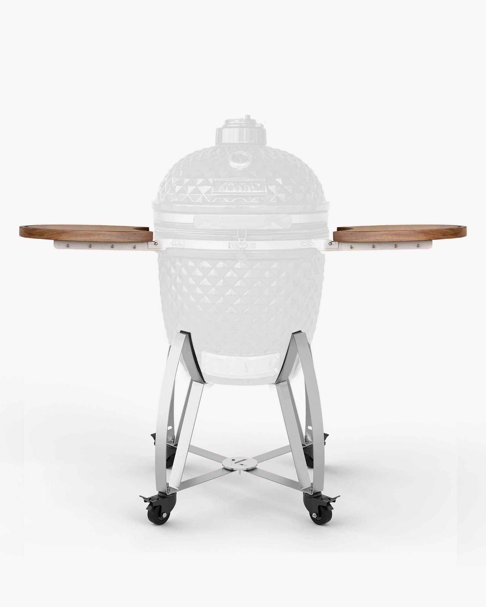 Kokko kamado stand with wheels and foldable wooden side shelves, front view on a neutral background.