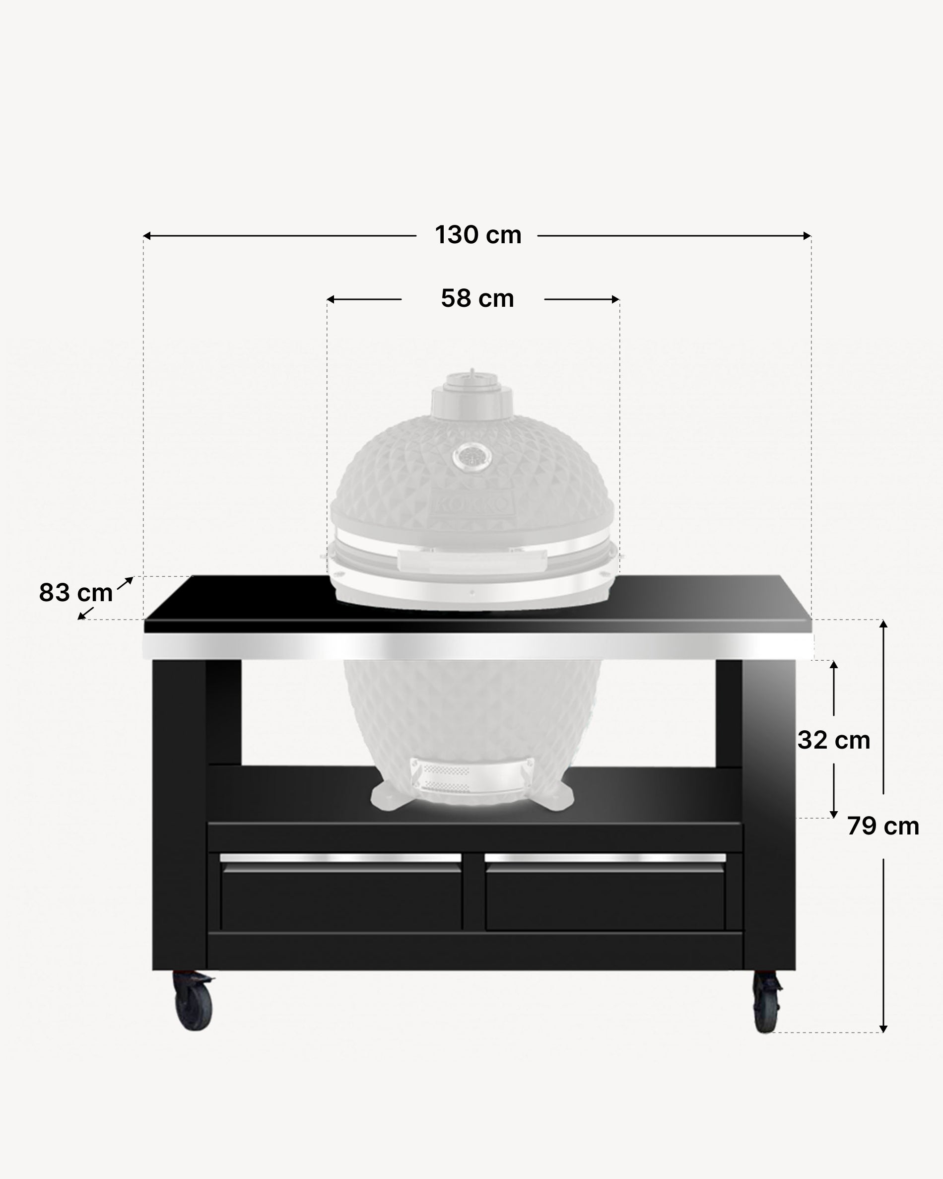 Schéma des dimensions du chariot métal Kokko avec tiroirs.