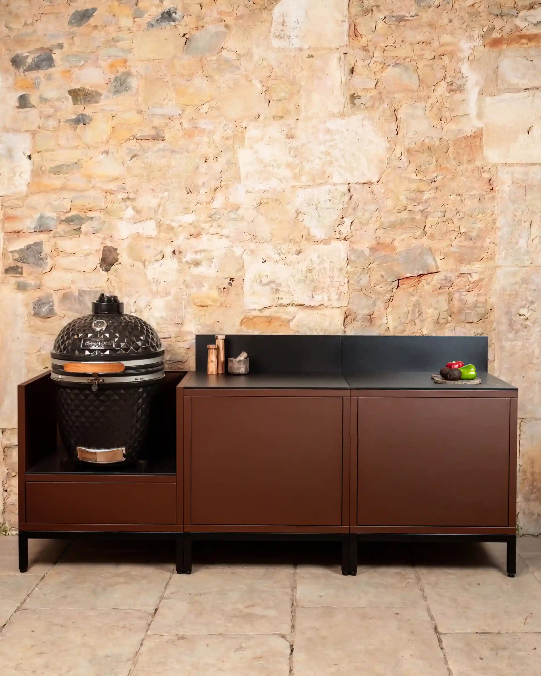 Kokko rust outdoor kitchen with three modules and integrated kamado
