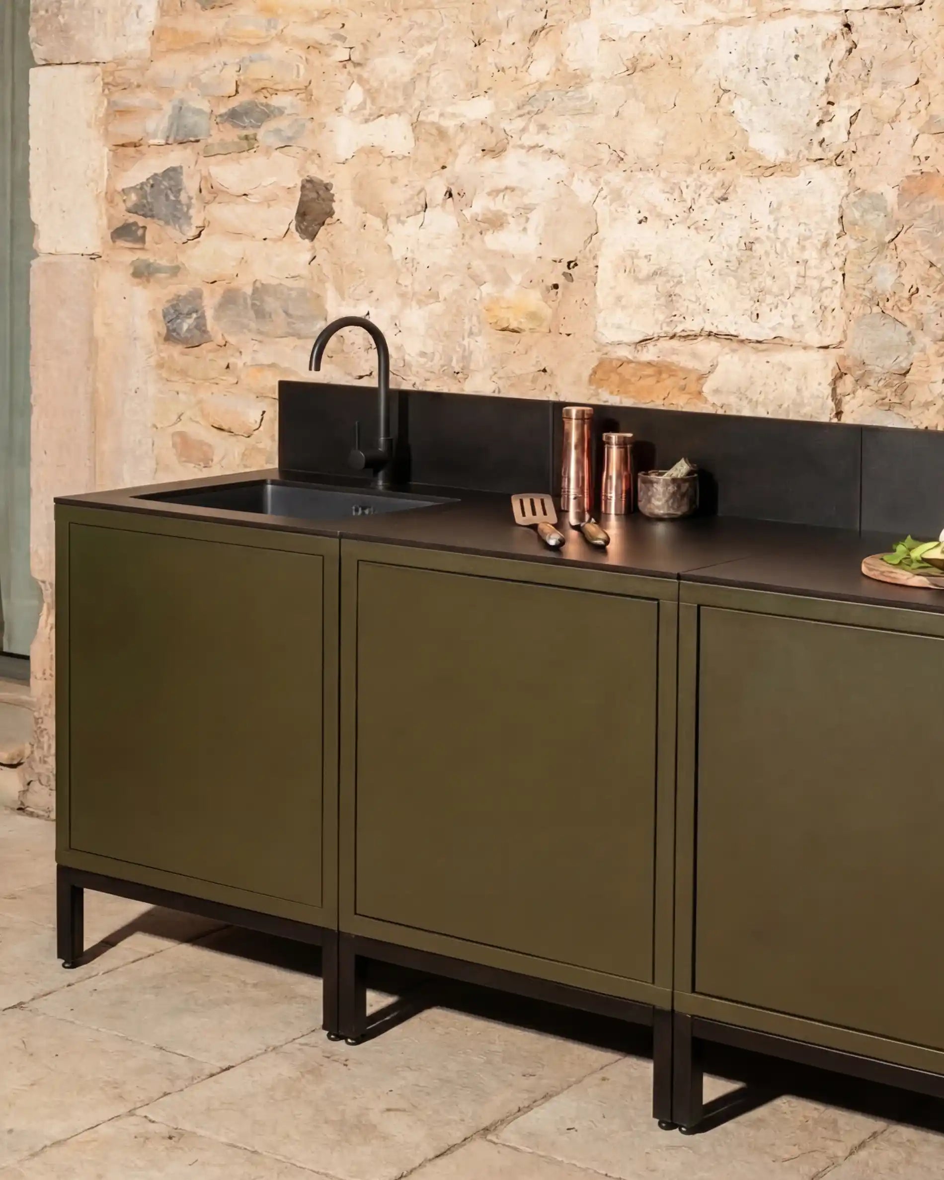 Kokko olive sink module with black faucet and storage