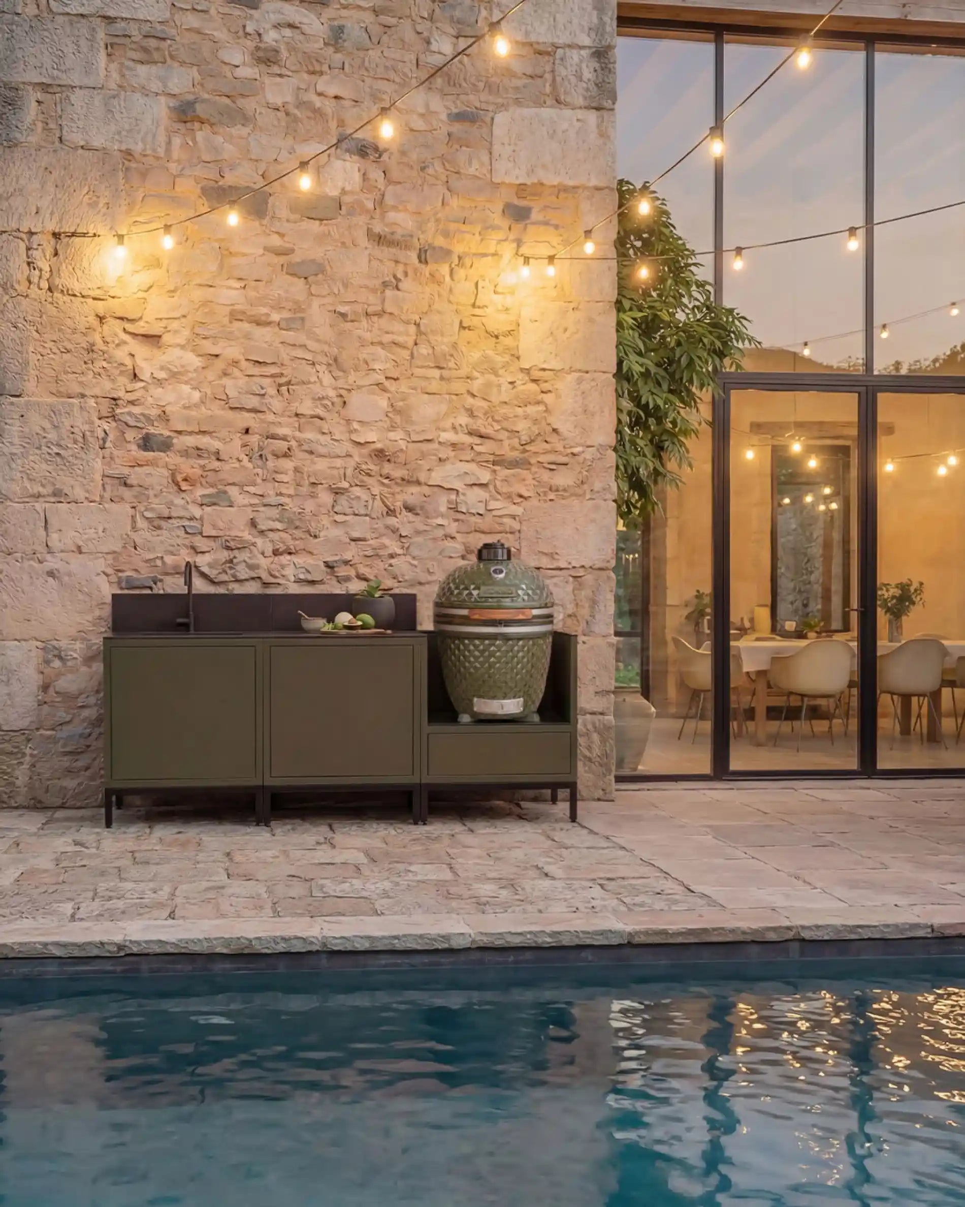 Kokko Pilotis olive outdoor kitchen with sink and kamado by the pool