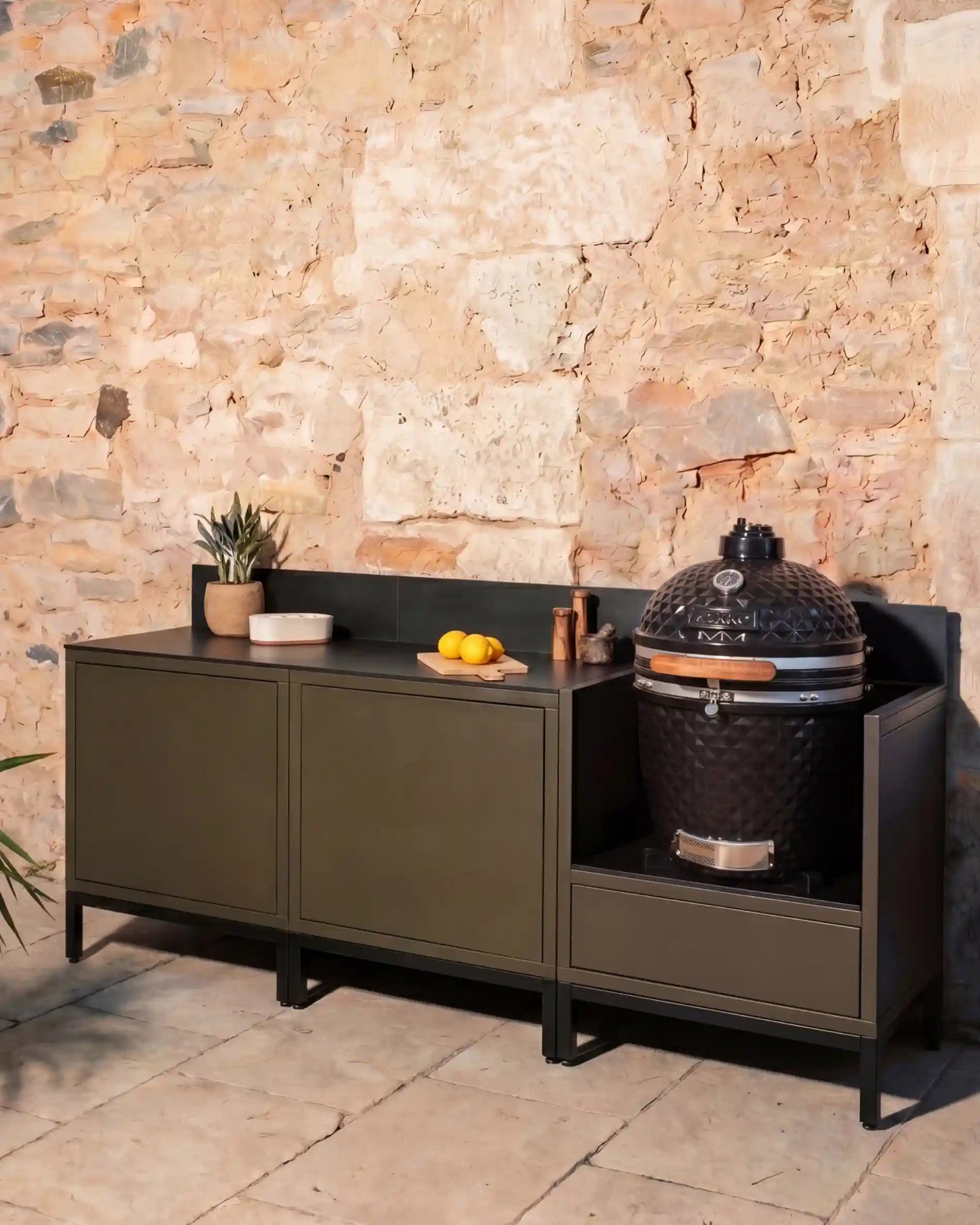 Kokko olive outdoor kitchen with kamado and black worktop