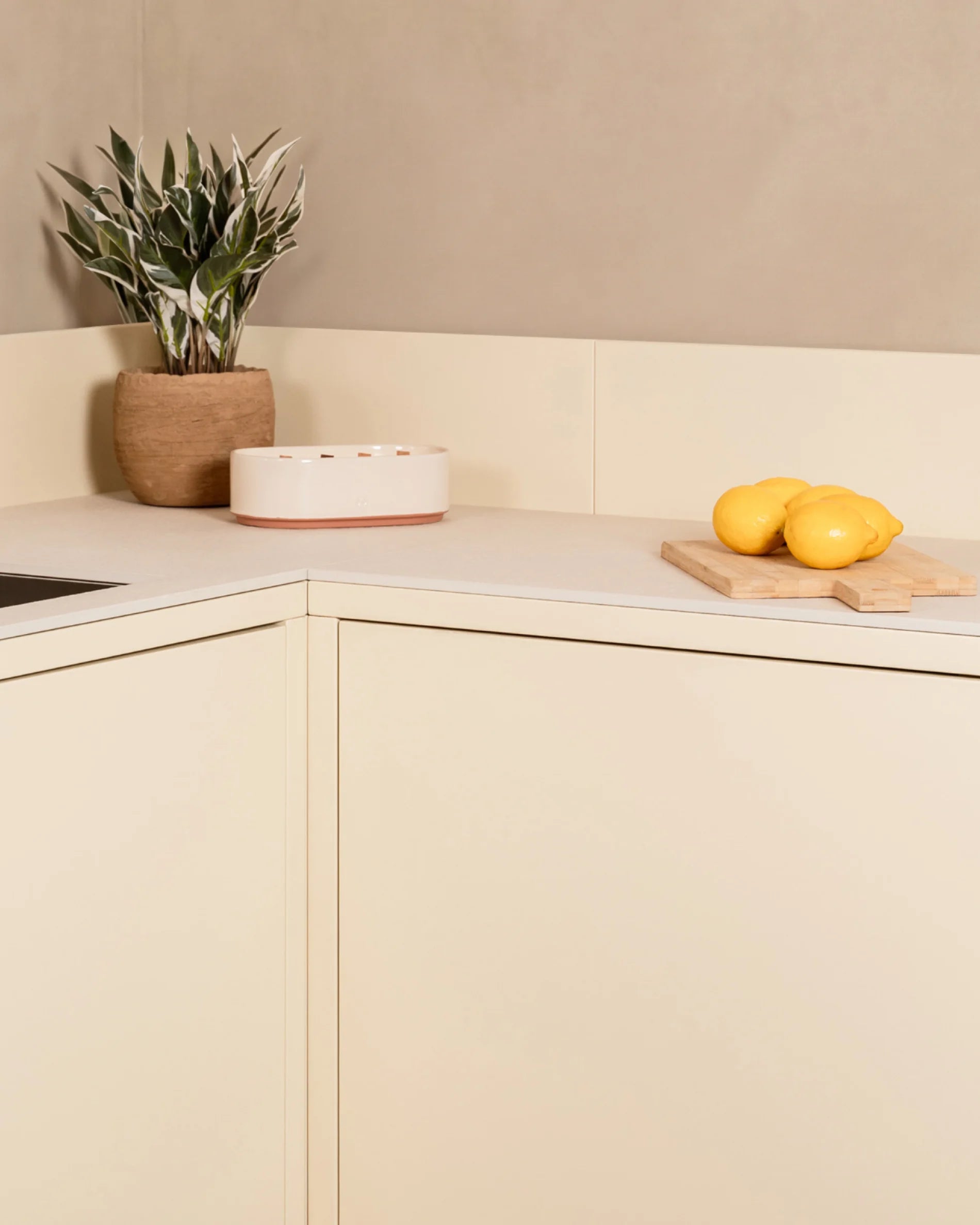 Detail of corner of Kokko cream outdoor kitchen with worktop and plant decoration