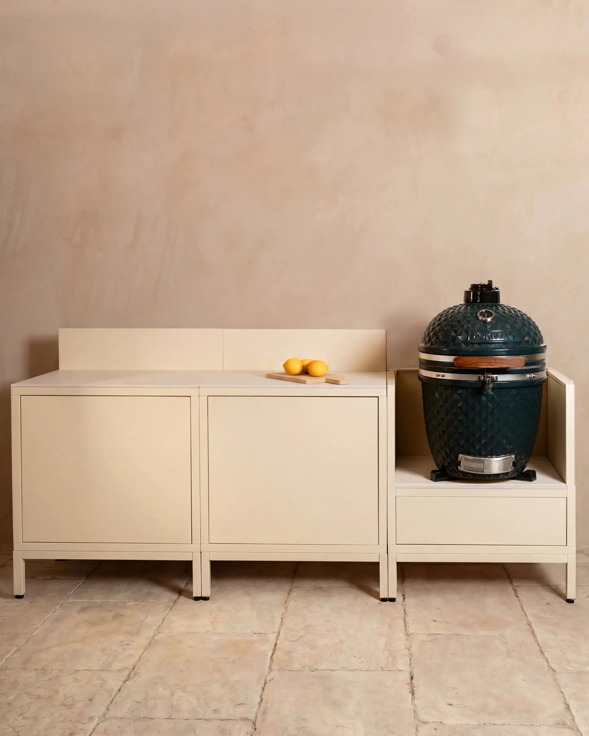 Kokko cream outdoor kitchen with three modules and integrated kamado