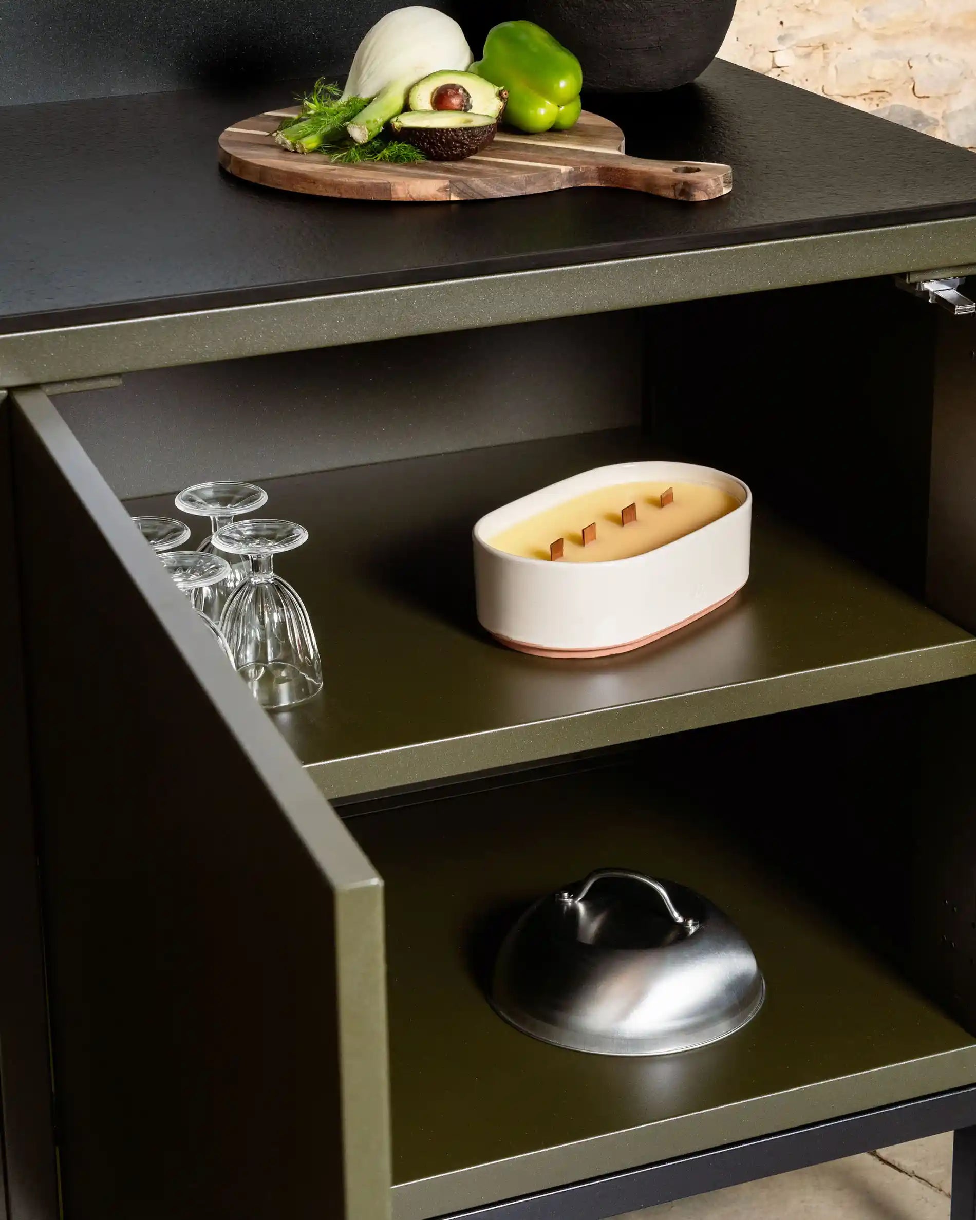 Kokko Pilotis olive outdoor kitchen with storage