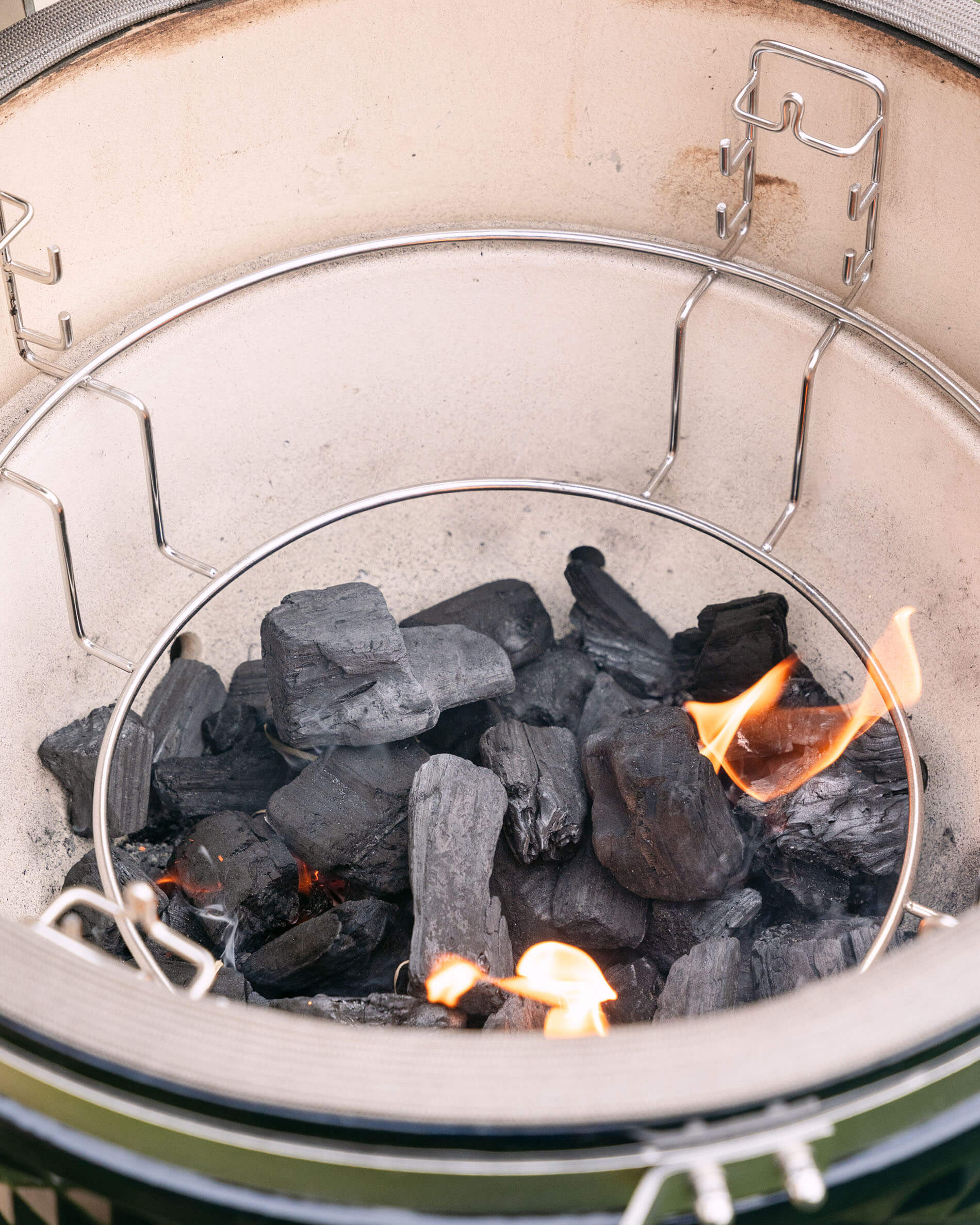 View of the ceramic interior of the Kokko kamado with firebox and supports.