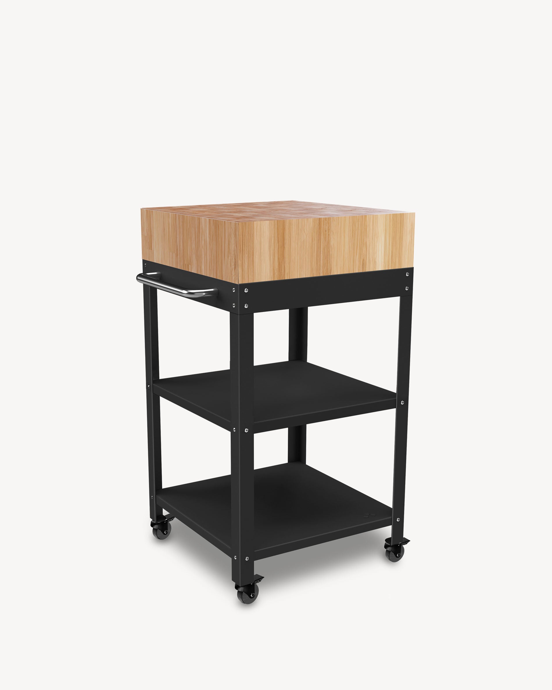Black metal side table with butcher block