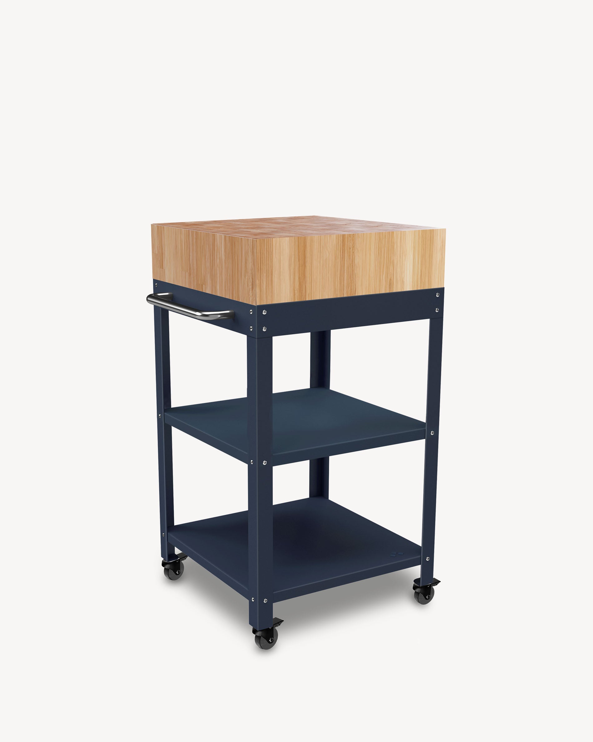 Navy blue metal trolley with butcher block