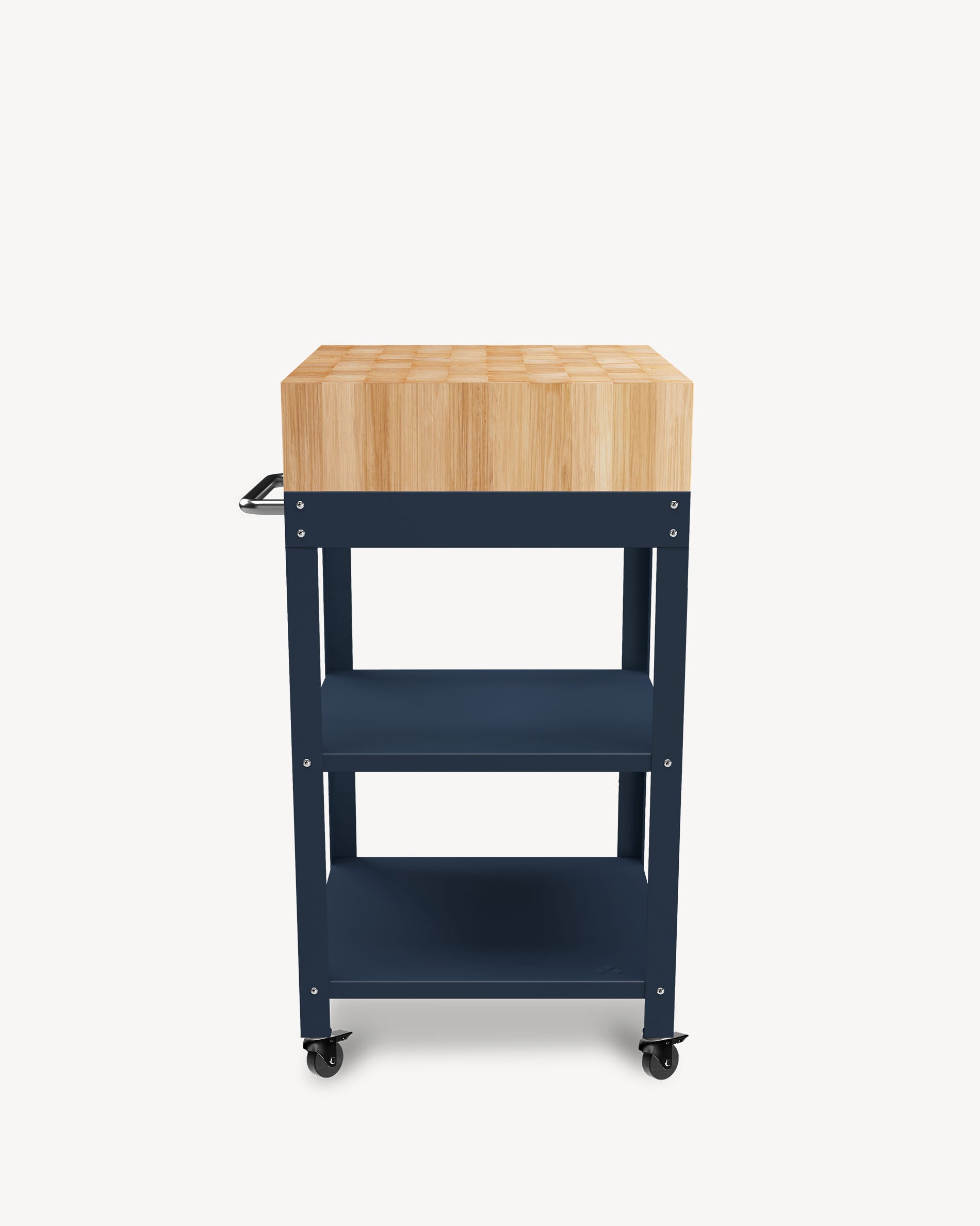 Navy blue metal side table with butcher block