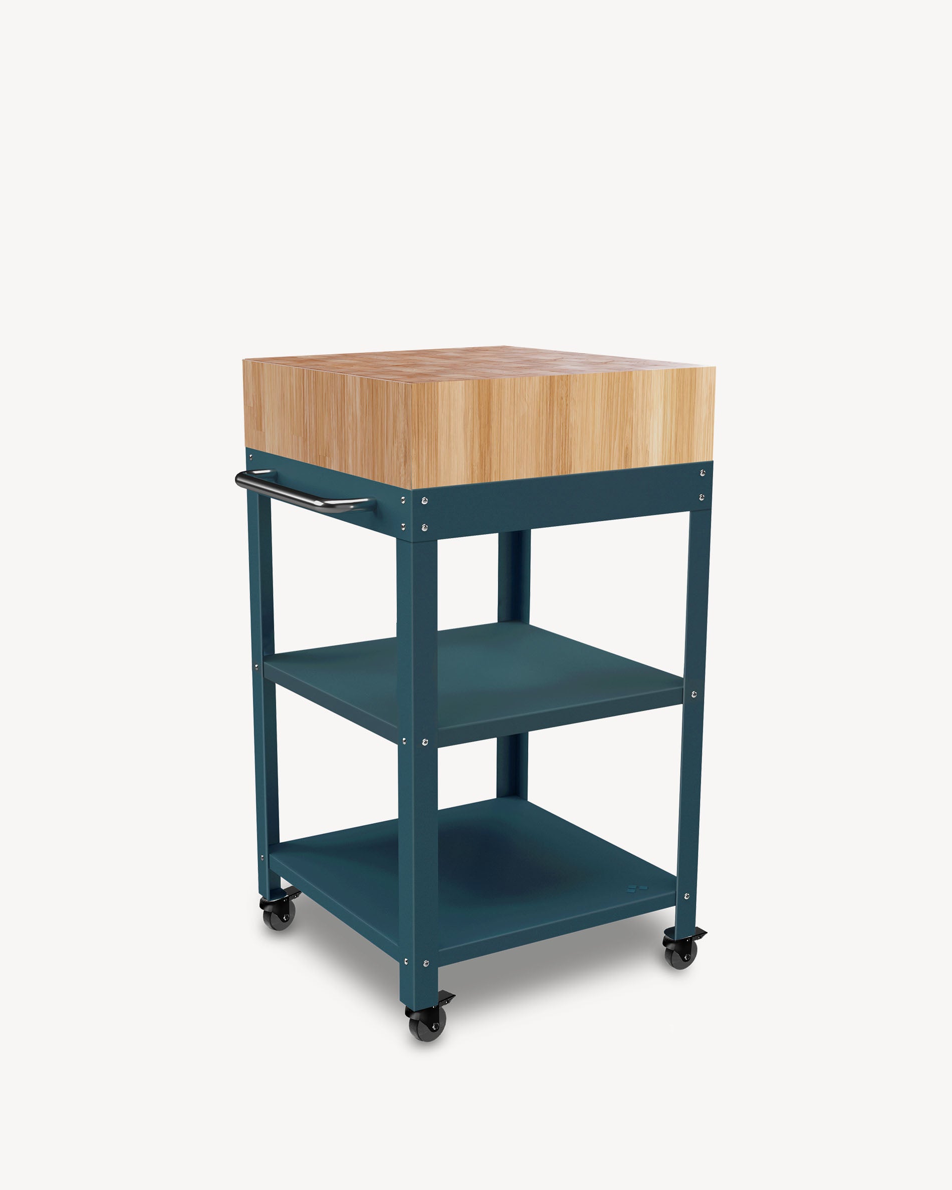 Ocean blue metal side table with butcher block