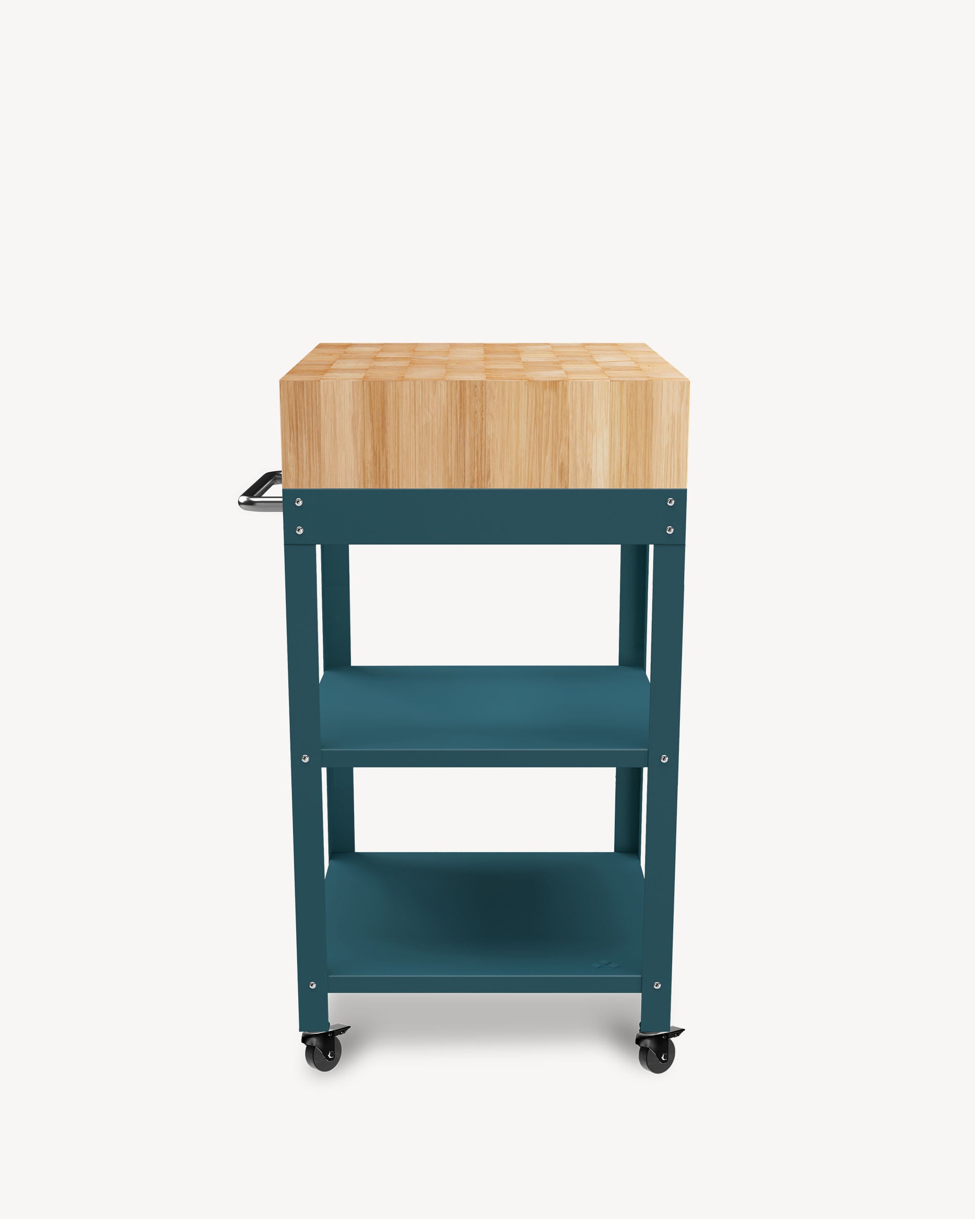 Ocean blue metal side table with butcher block