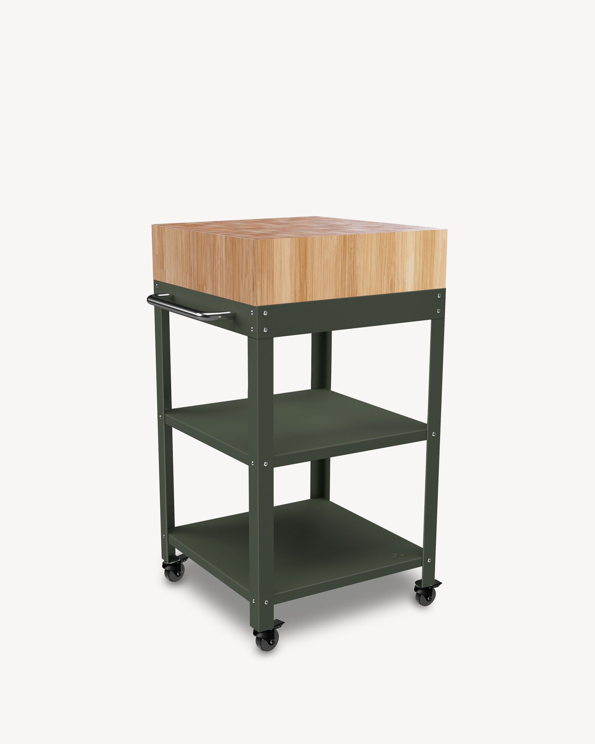 Olive green metal side table with butcher block