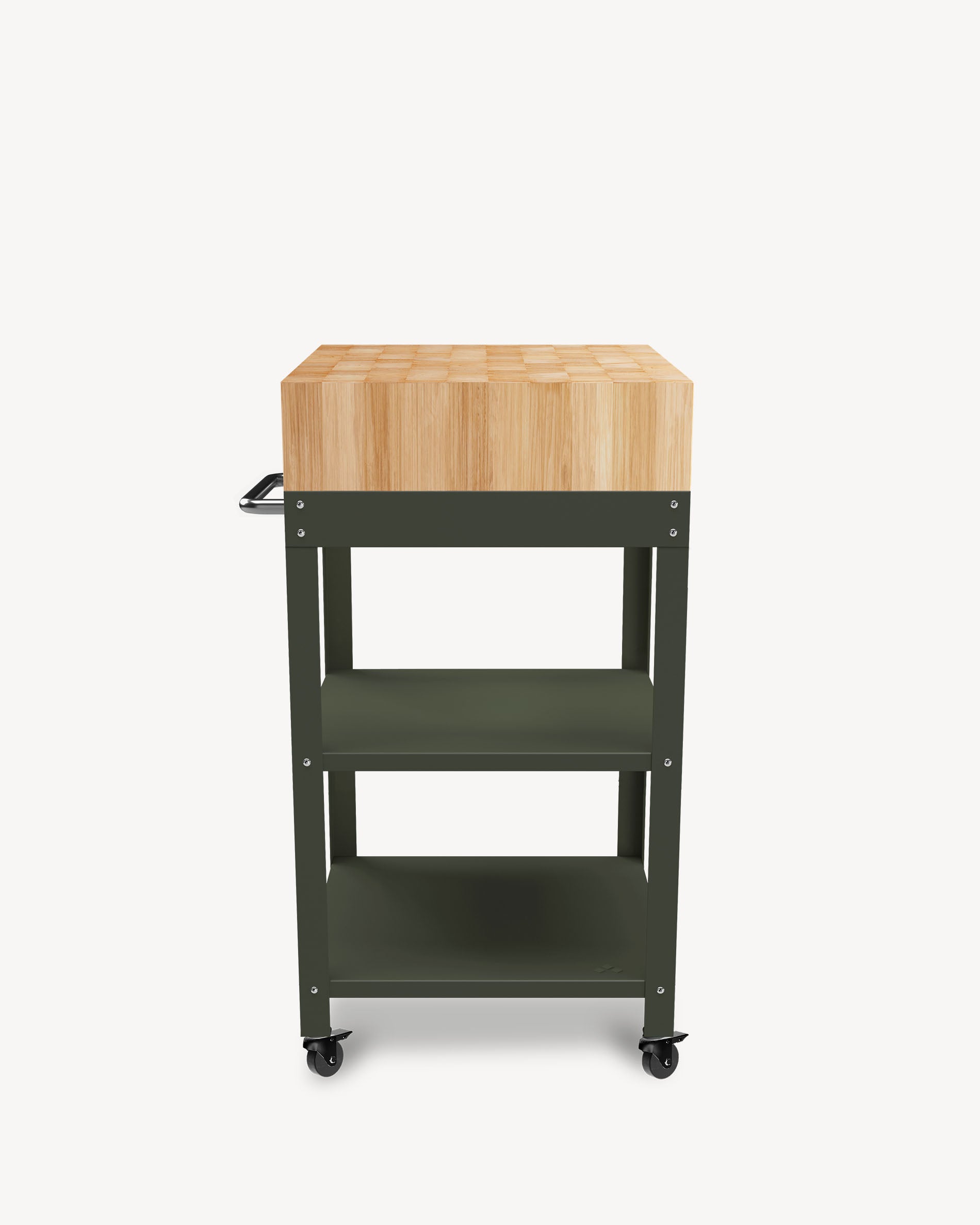 Olive green metal side table with butcher block