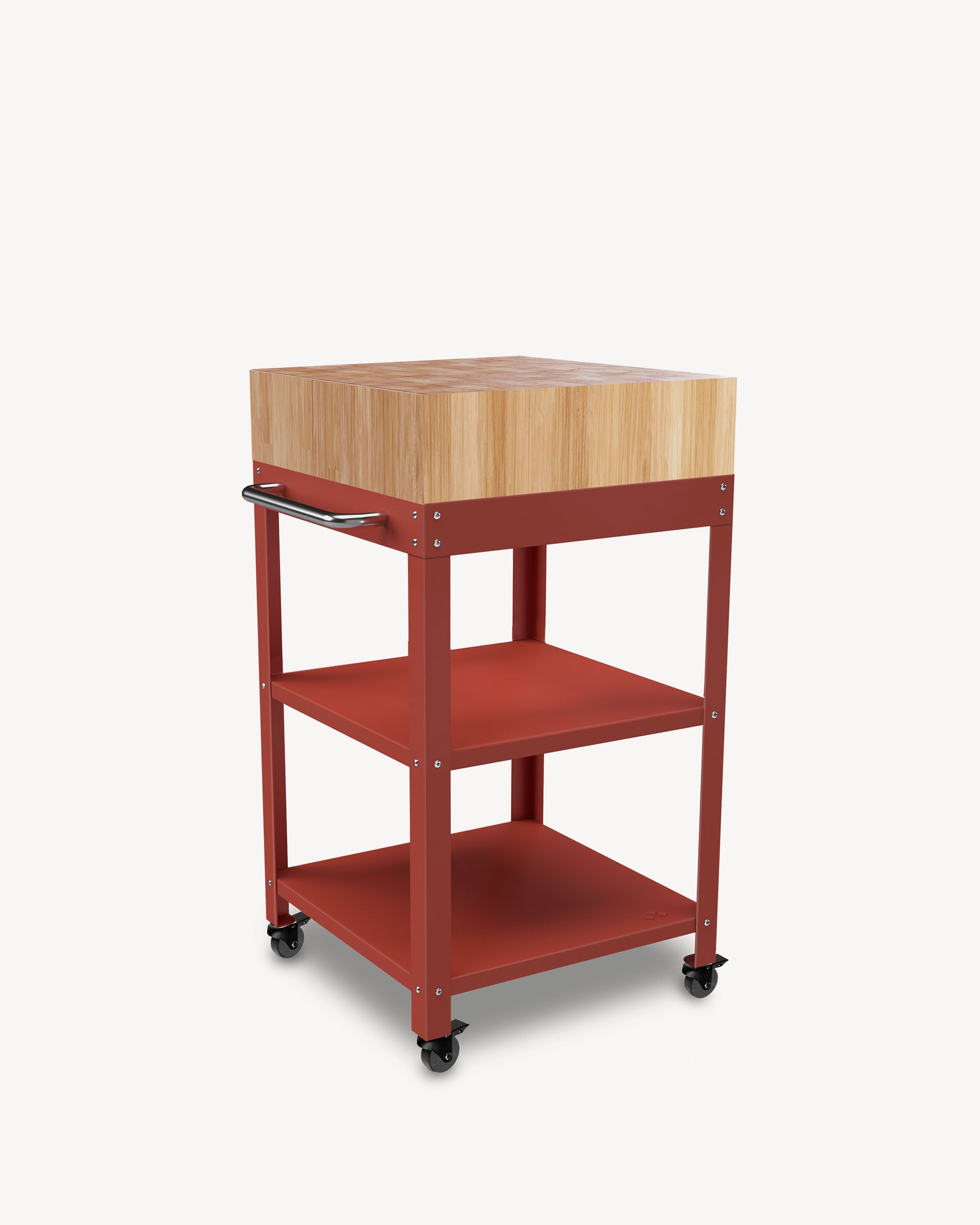 Coral red metal side table with butcher block