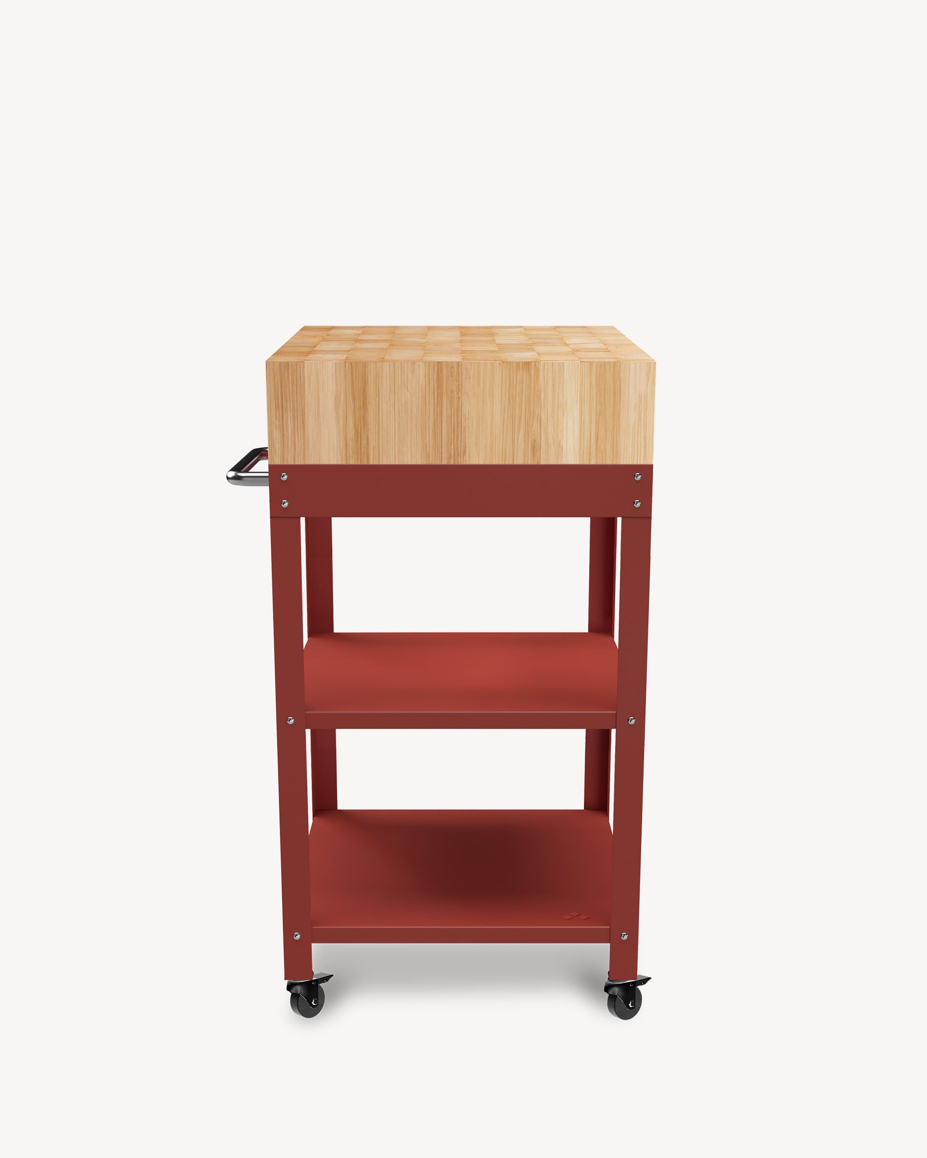 Coral red metal side table with butcher block