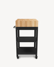 Black metal side table with butcher block
