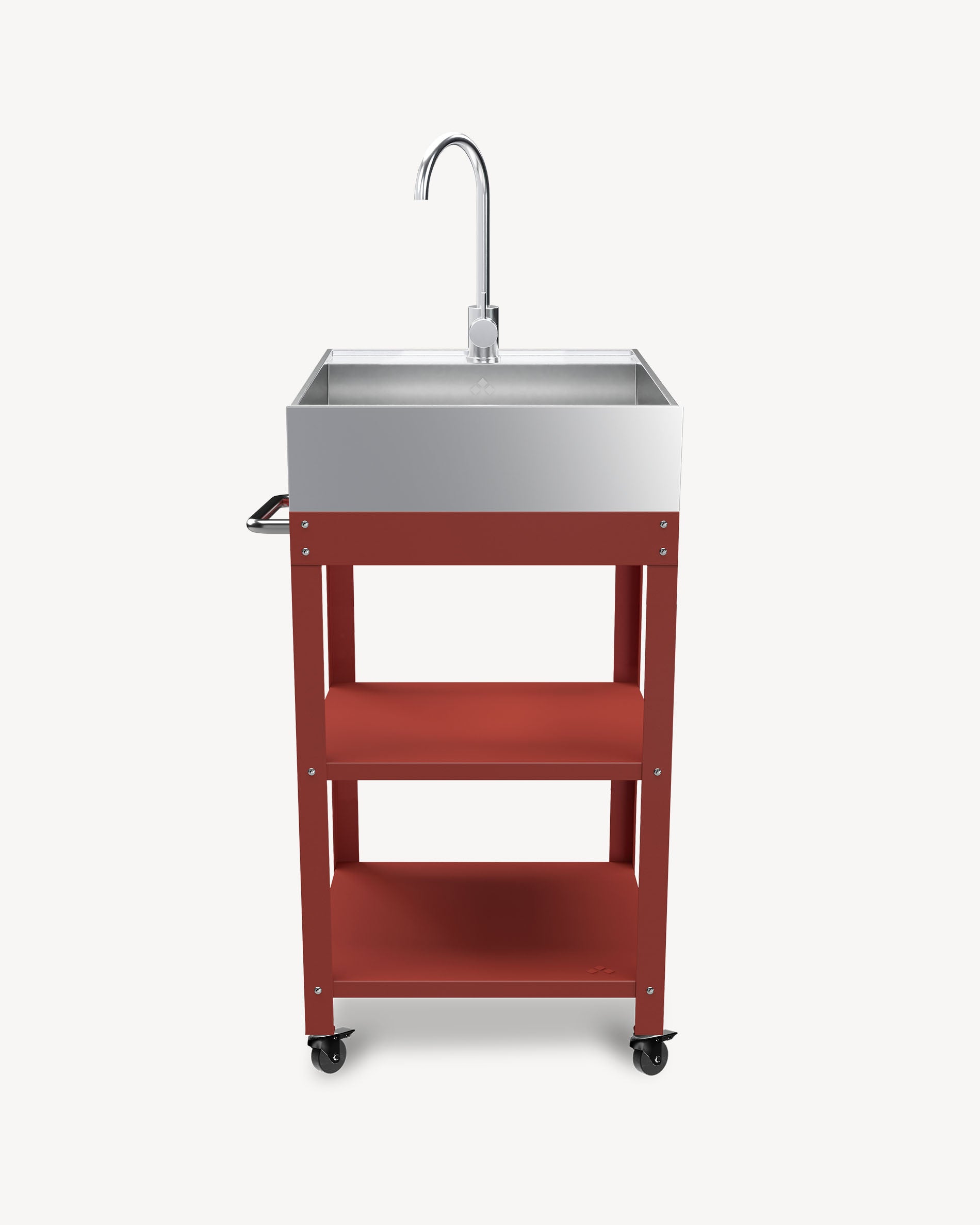 Red metal side table with stainless steel sink