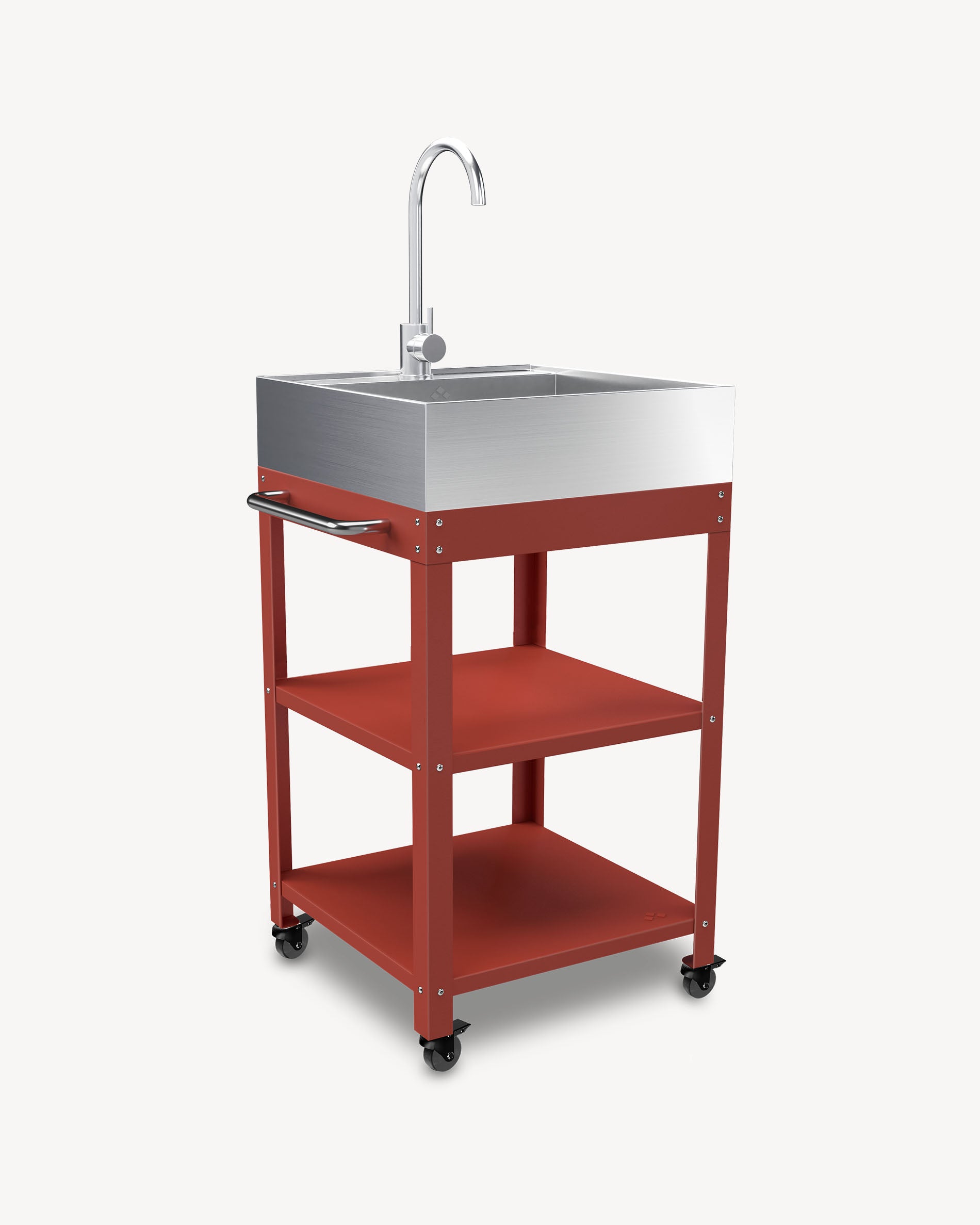 Red metal side table with stainless steel sink
