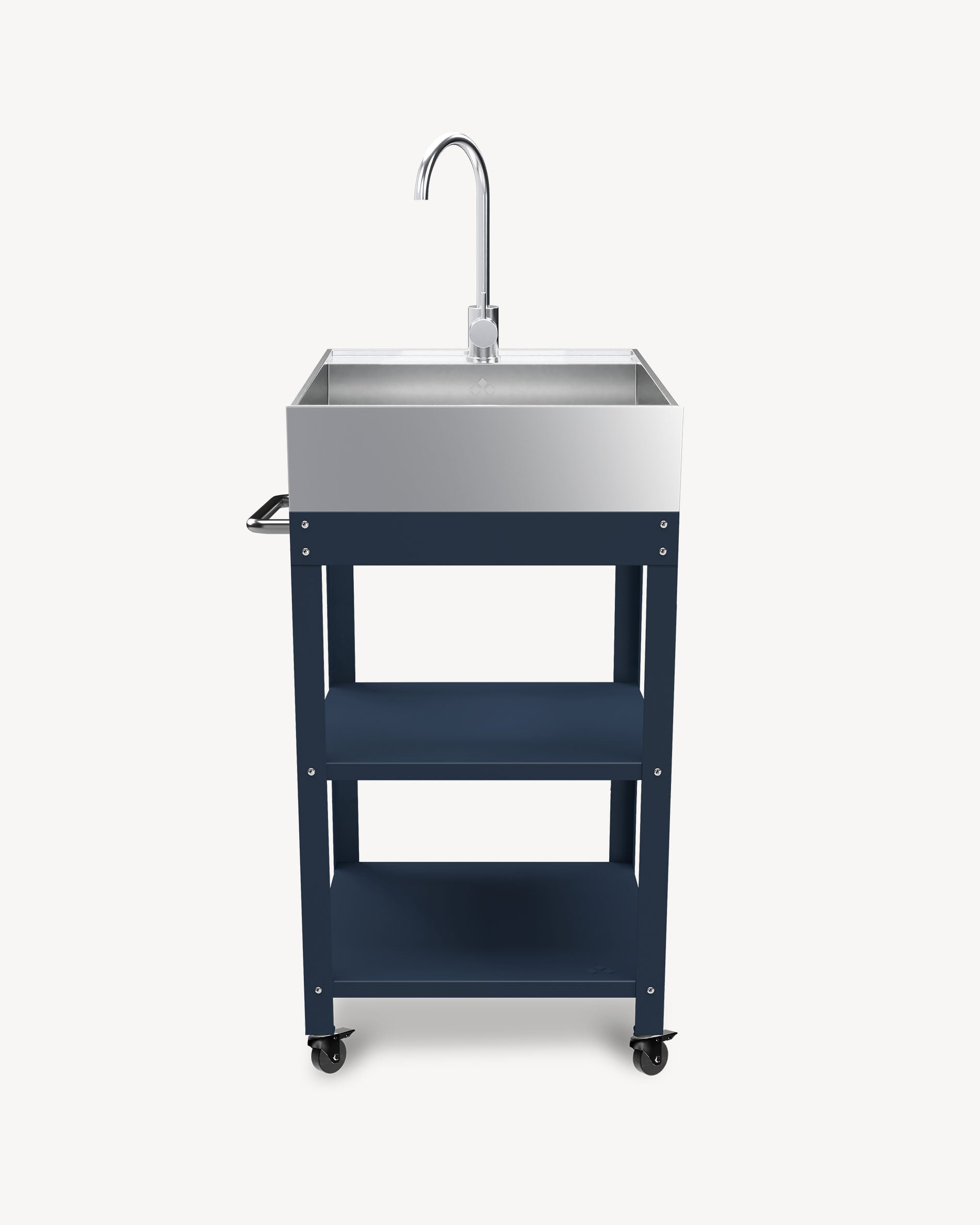 Navy blue metal side table with stainless steel sink