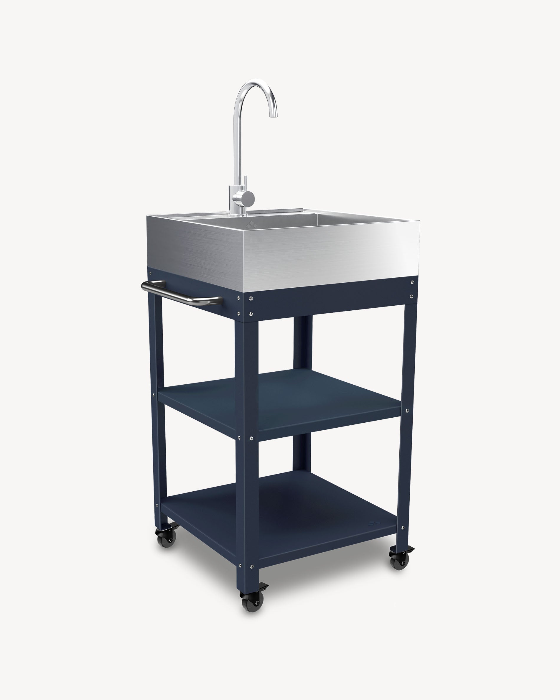 Navy blue metal side table with stainless steel sink
