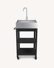 Black metal side table with stainless steel sink