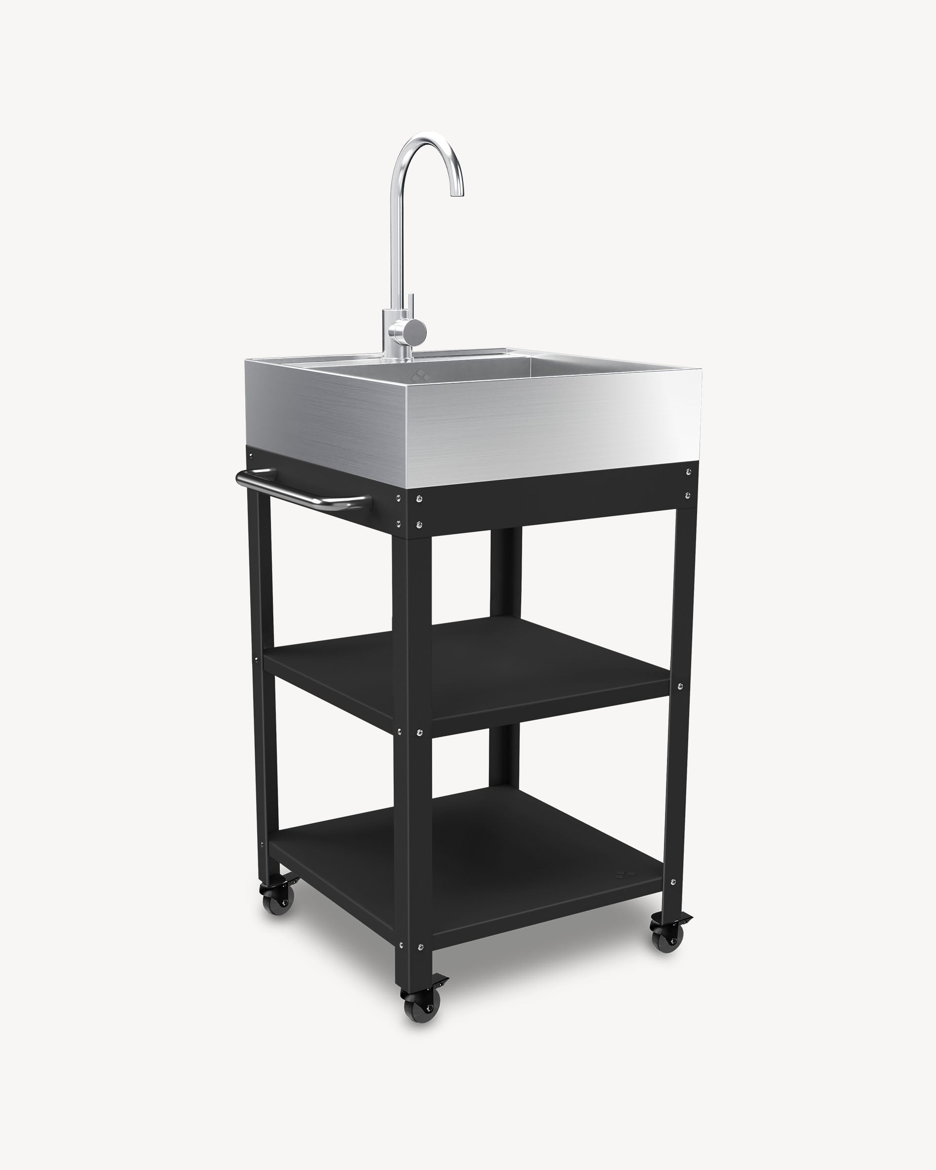 Black metal side table with stainless steel sink