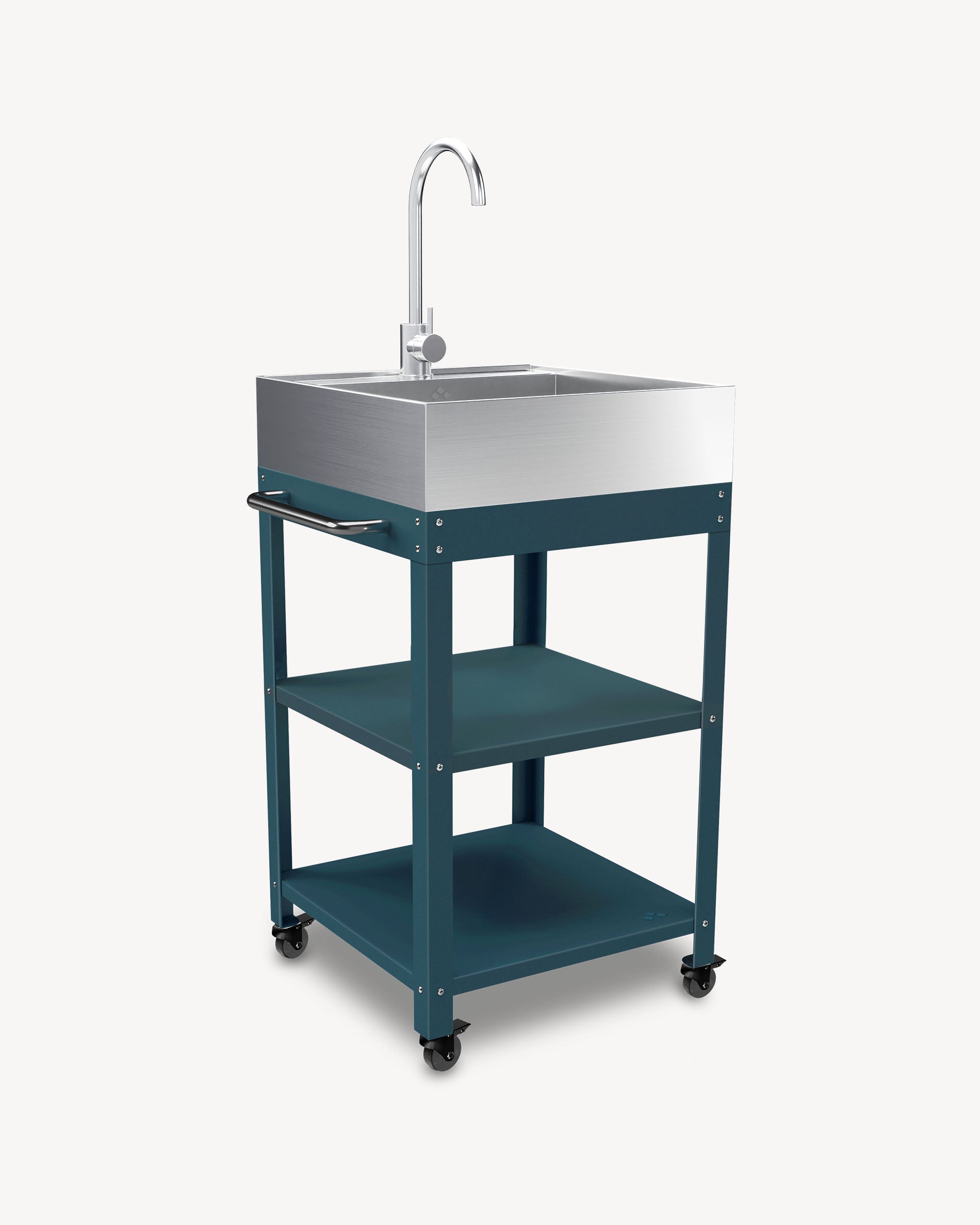 Ocean blue metal side table with stainless steel sink