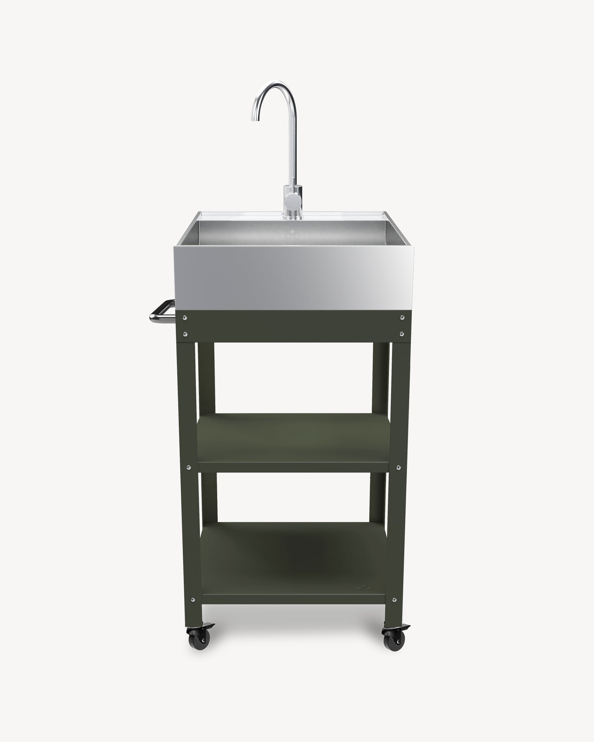 Olive green metal side table with stainless steel sink