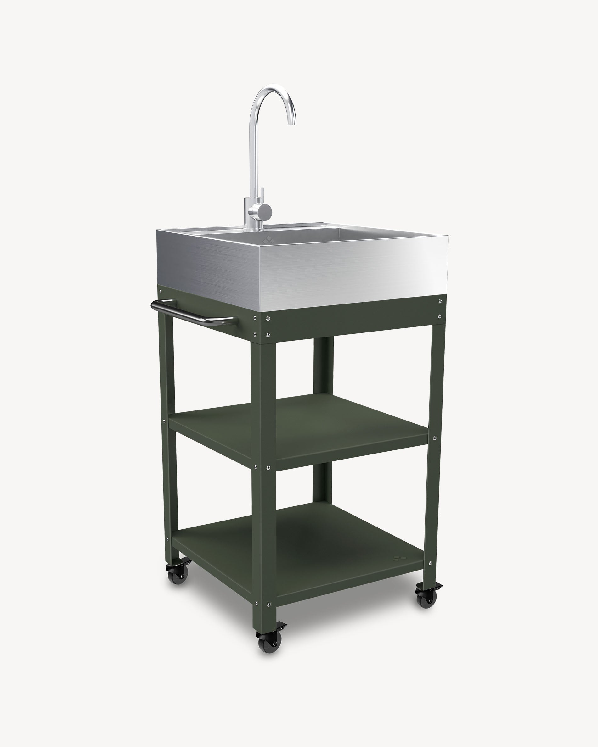 Olive green metal side table with stainless steel sink