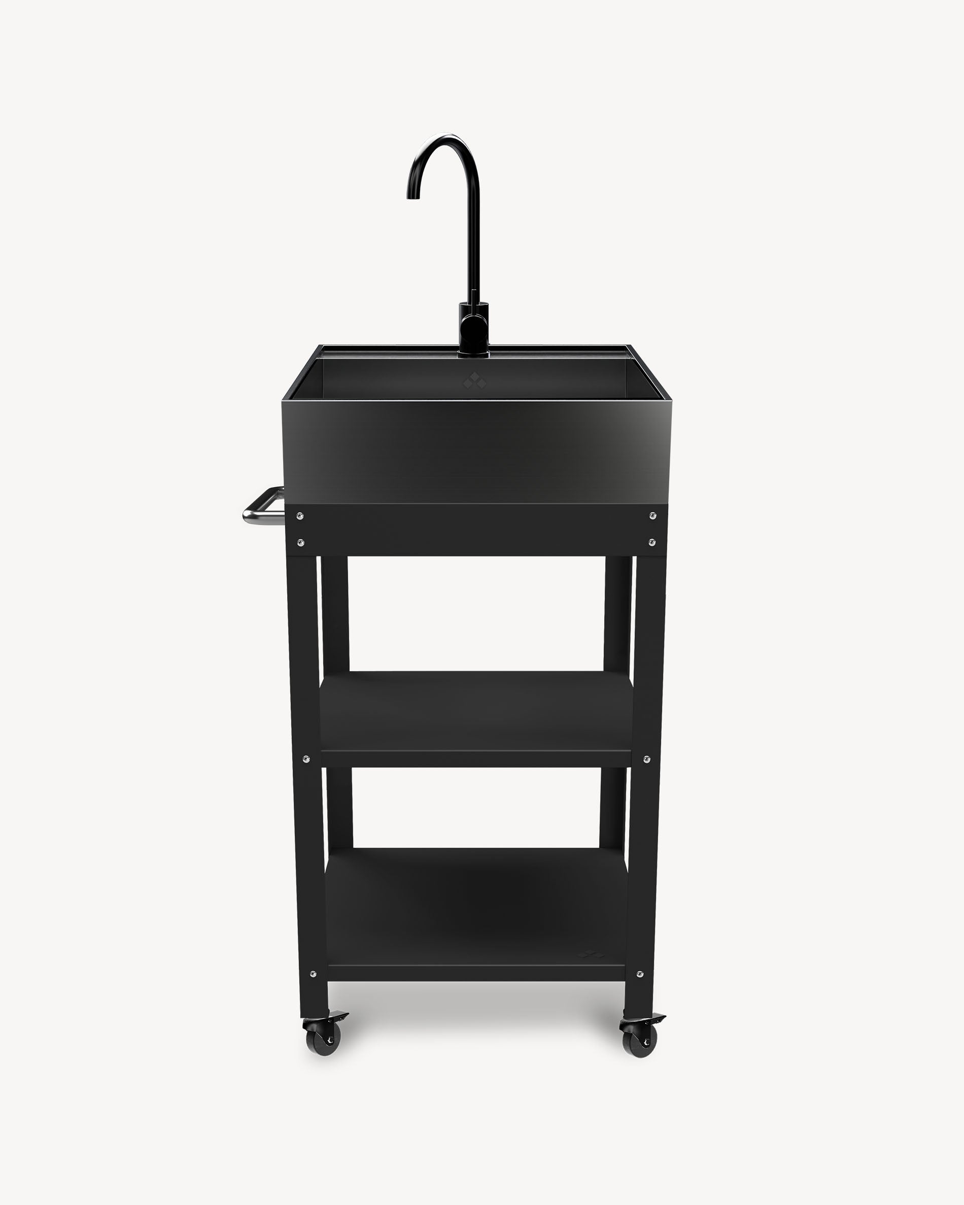 Black metal side table with stainless steel sink