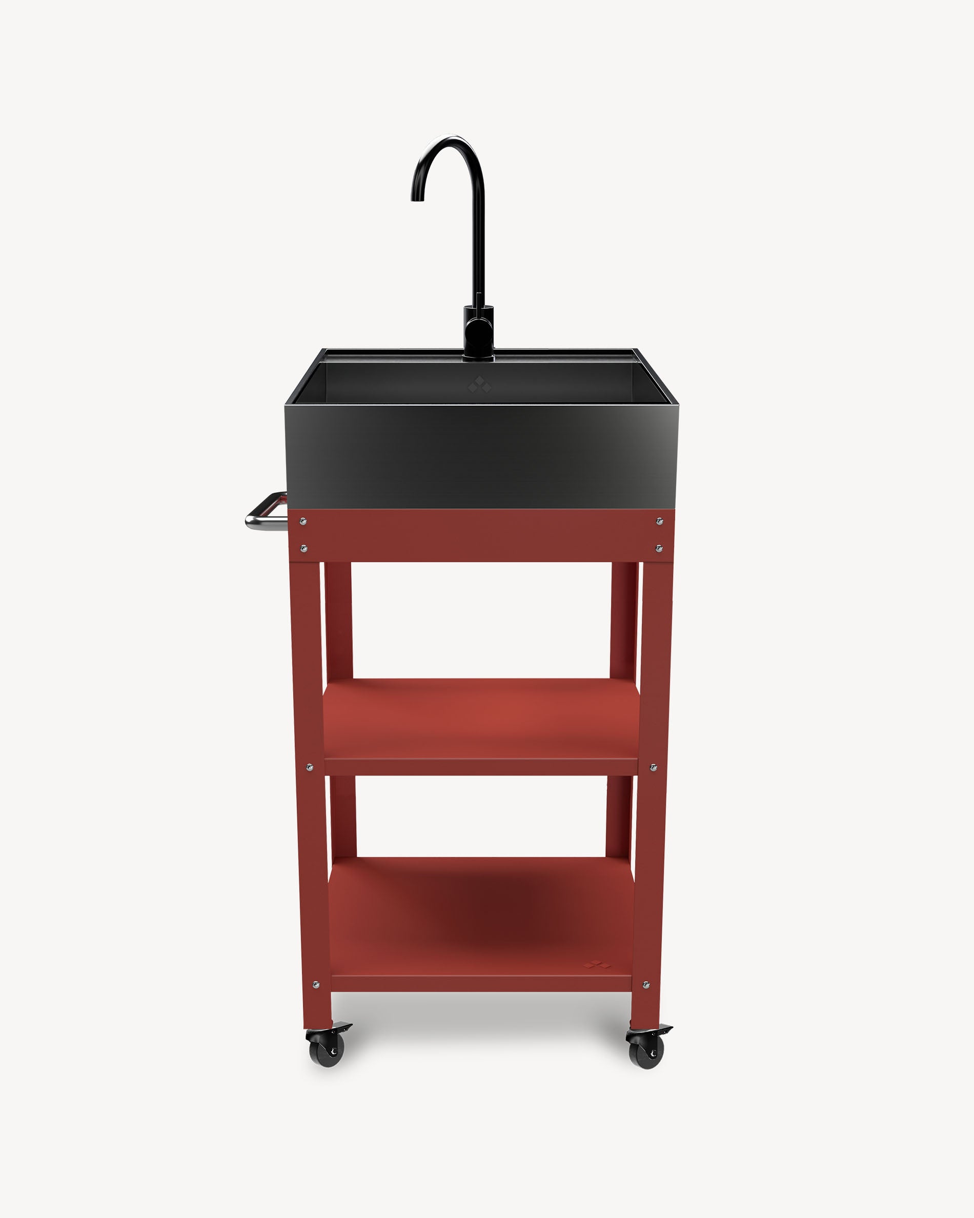 Red metal side table with stainless steel sink