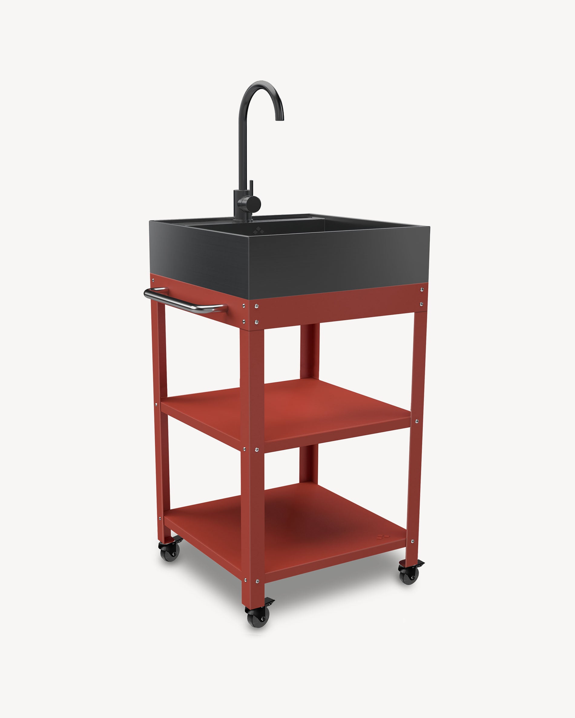 Red metal side table with stainless steel sink
