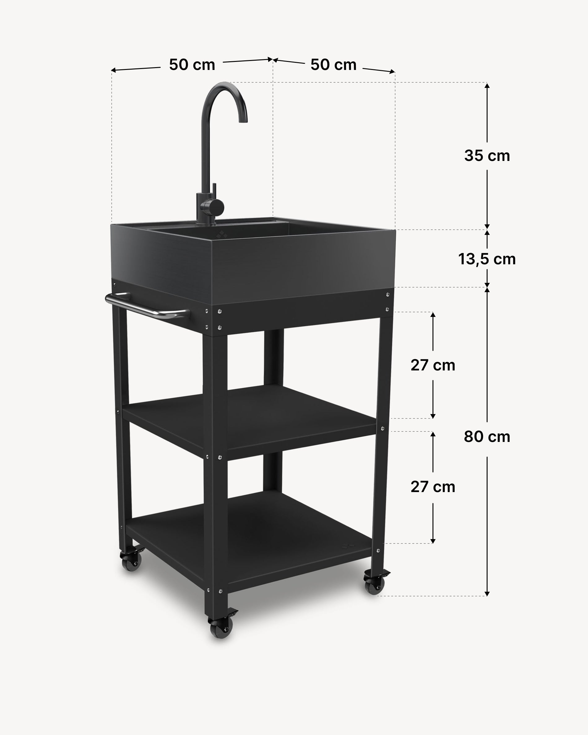 Dimensions of 50x50 metal side table with black stainless steel sink
