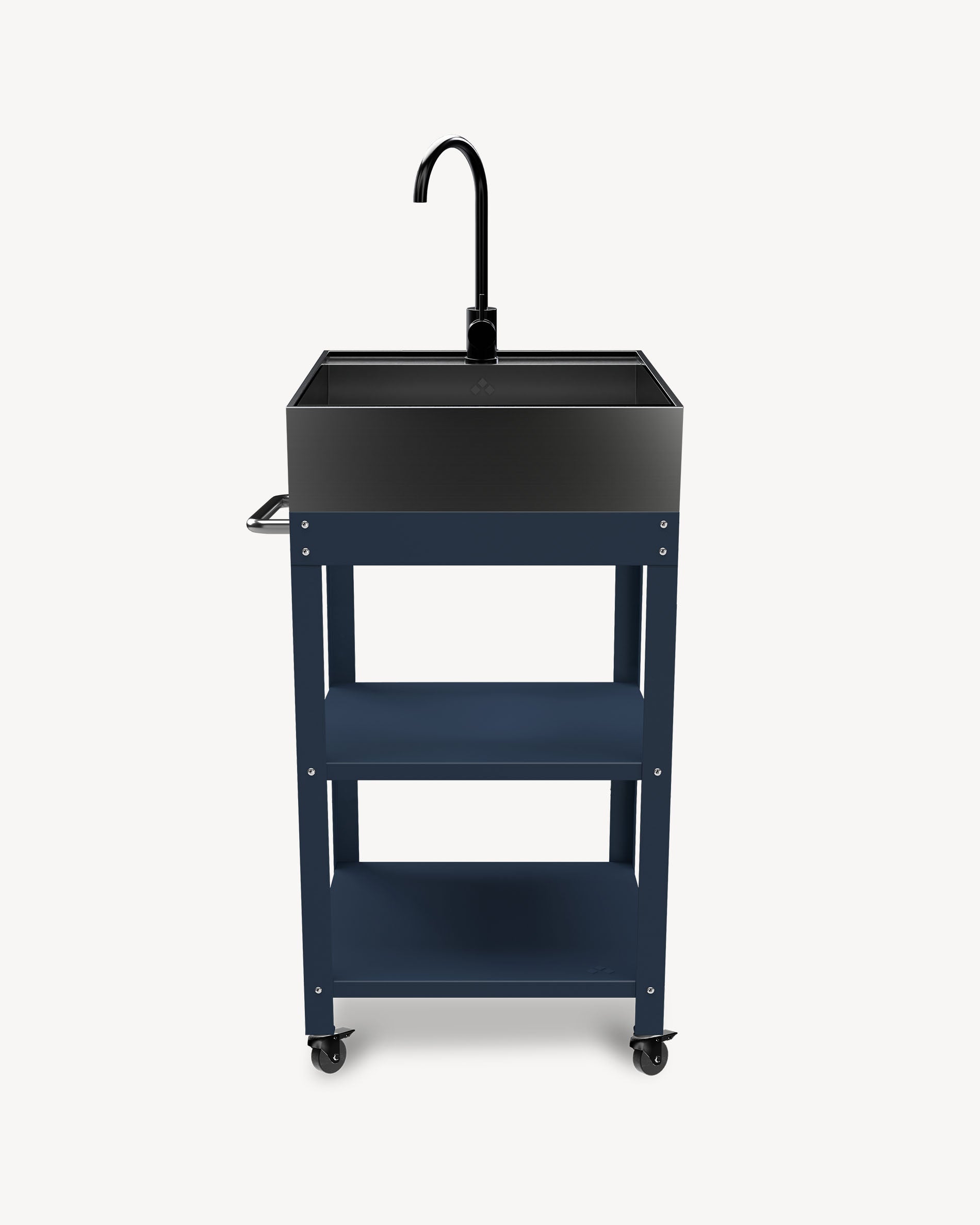 Navy blue metal side table with stainless steel sink