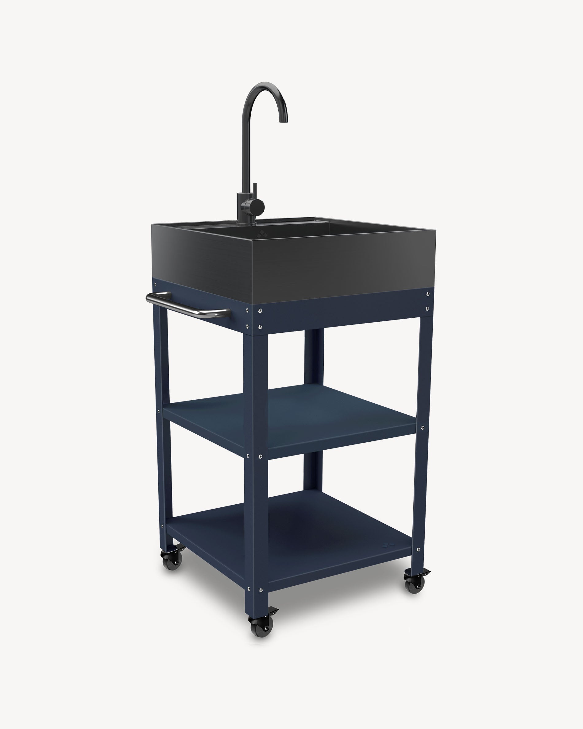 Navy blue metal side table with stainless steel sink