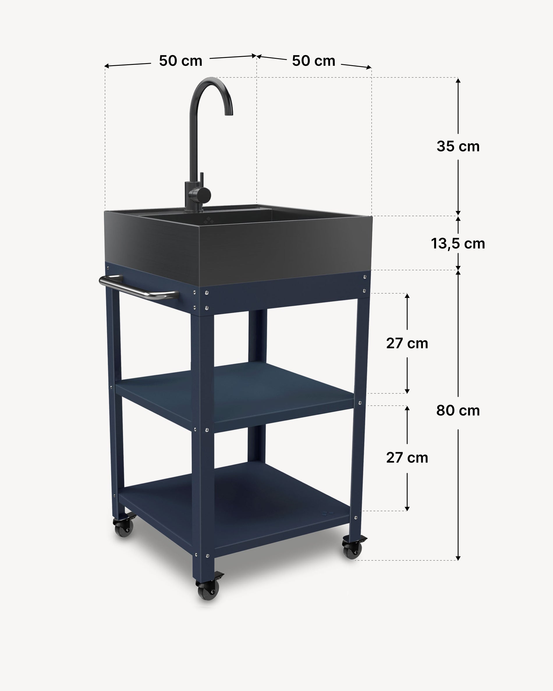 Dimensions of 50x50 metal side table with black stainless steel sink