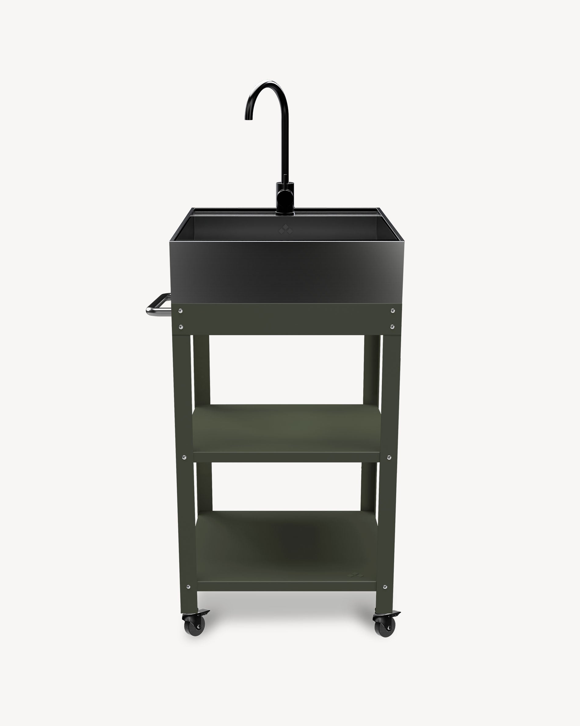 Olive green metal side table with stainless steel sink
