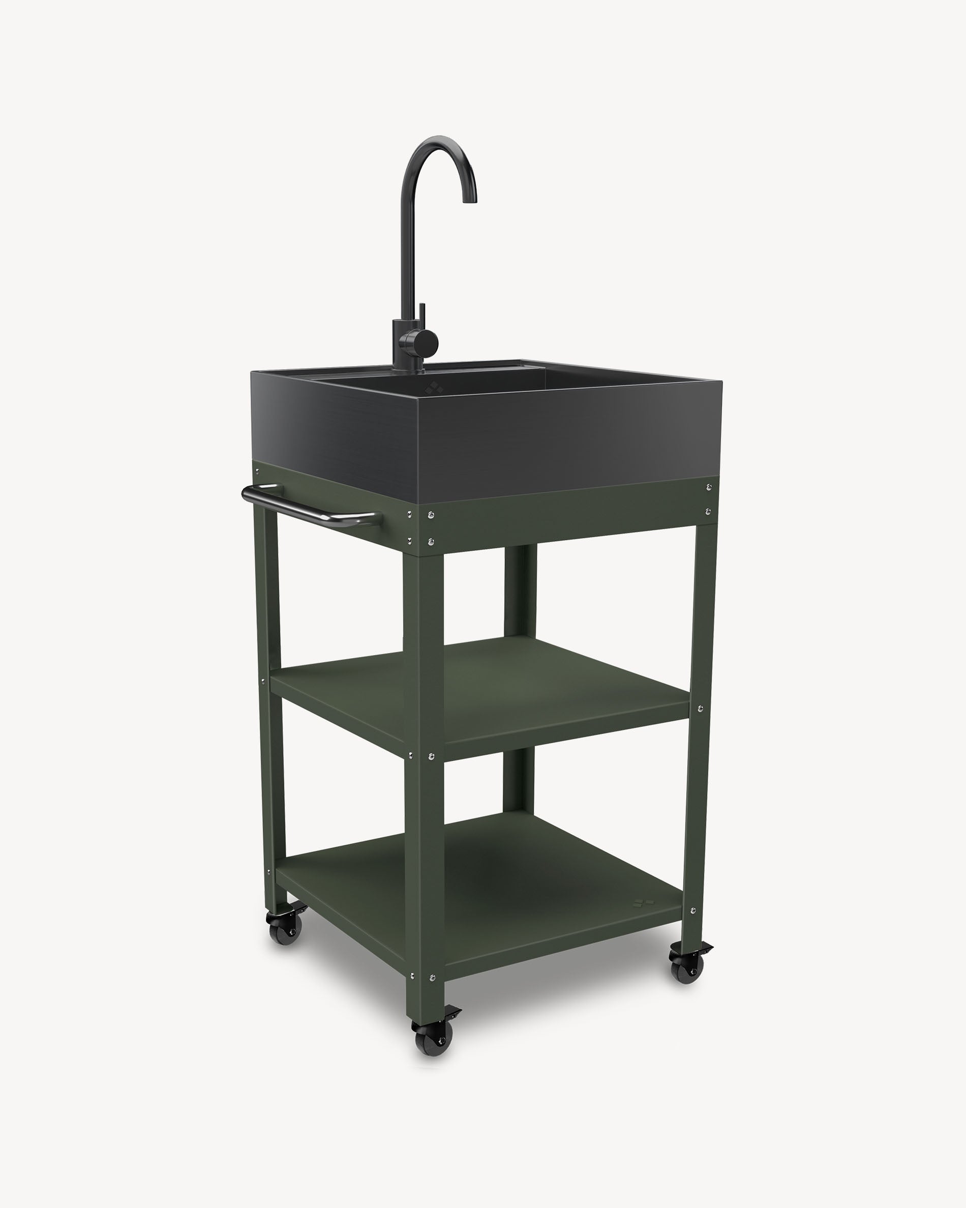 Olive green metal side table with stainless steel sink