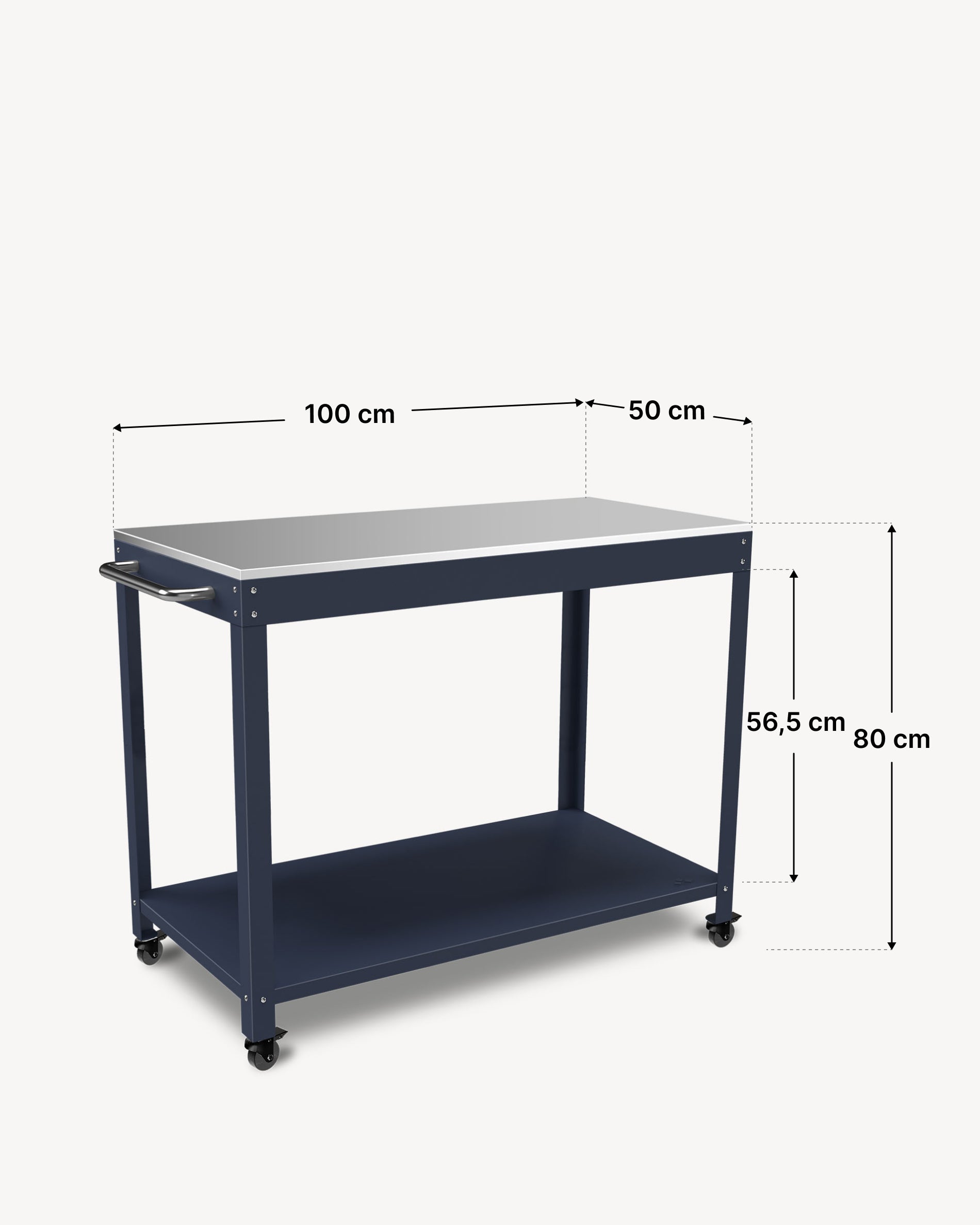 Diagram of the dimensions of the Kokko metal side table 100 × 50 cm, navy color.