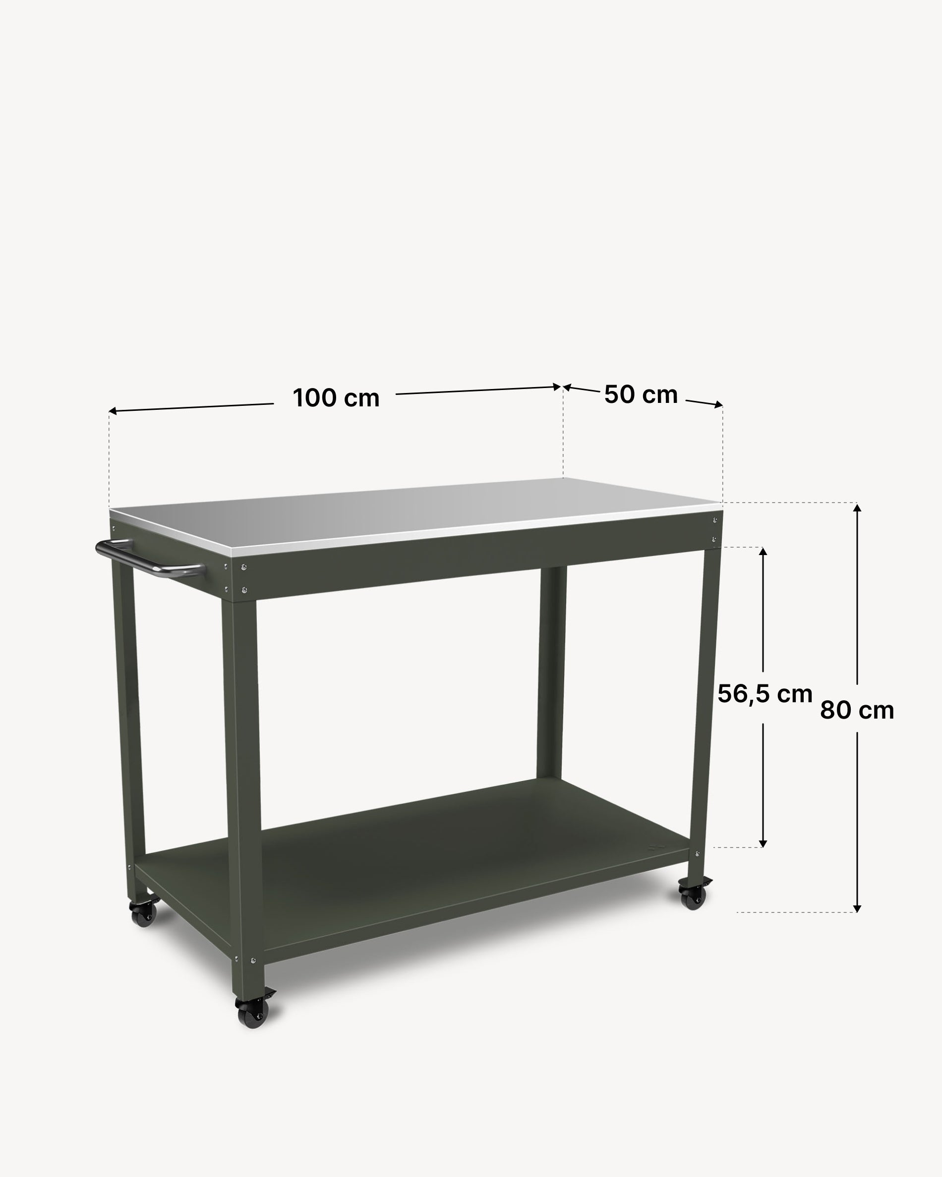 Diagram of the dimensions of the Kokko metal side table 100 × 50 cm, olive color.