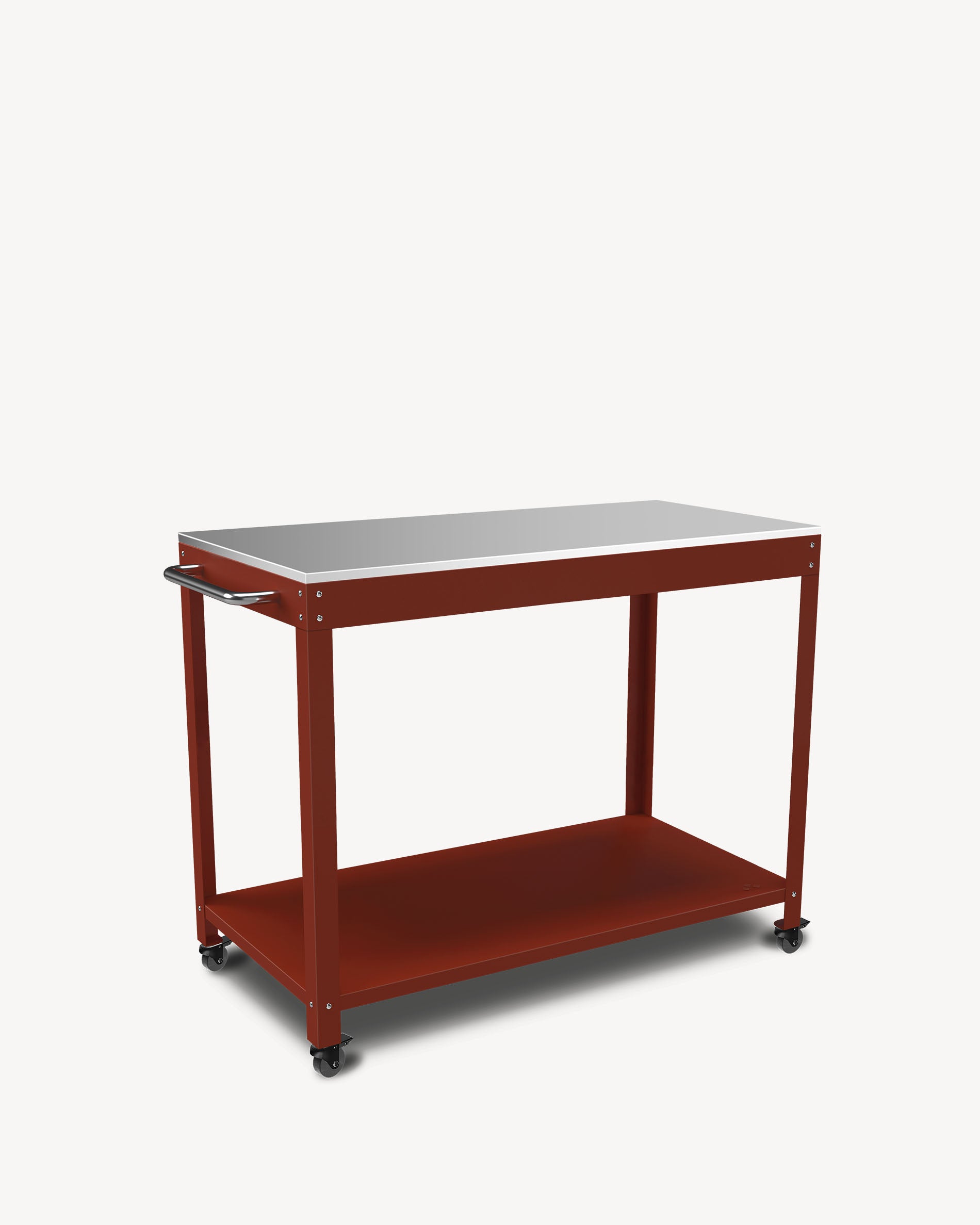 Red metal and stainless steel side table