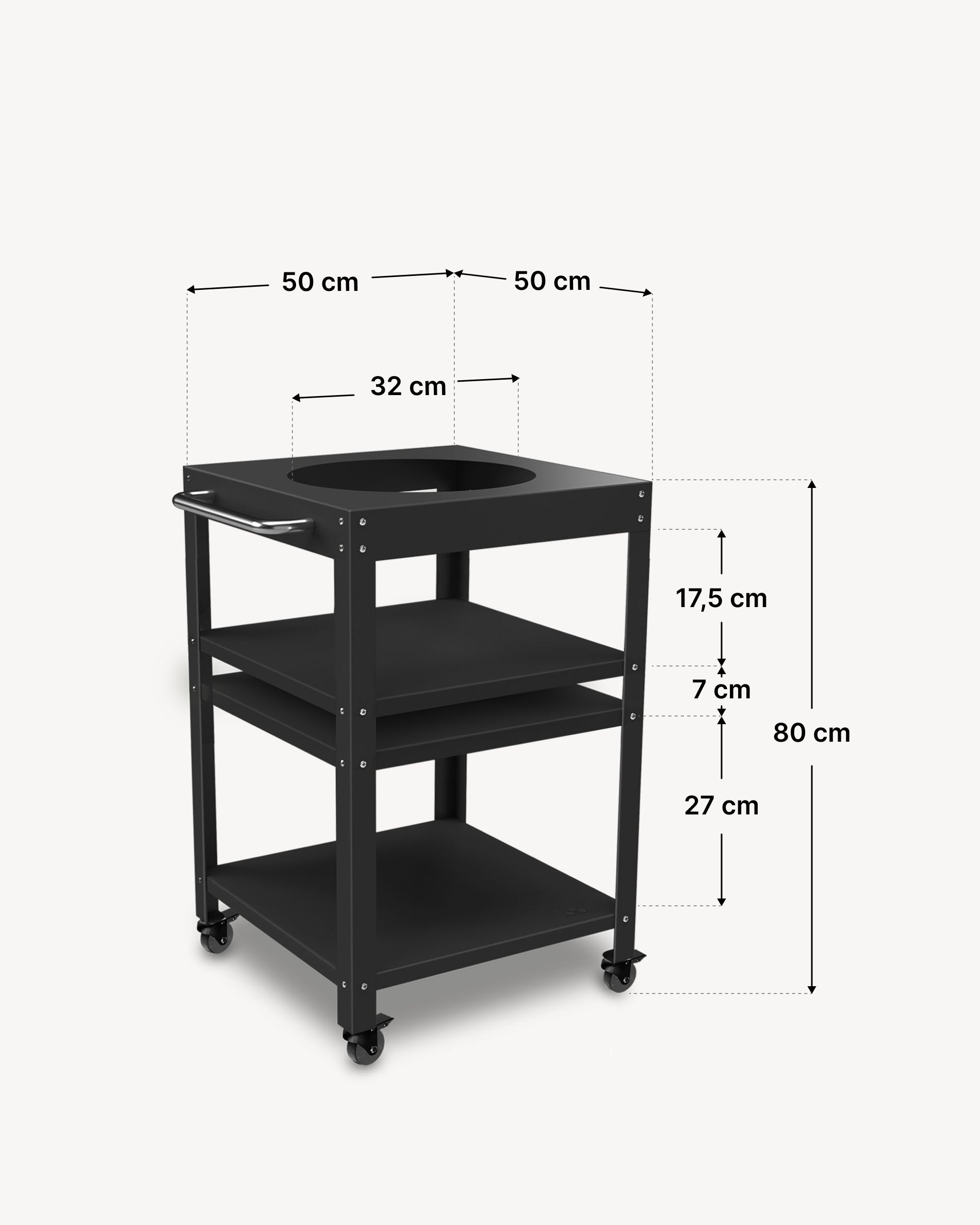 Dimensions of the 50 × 50 cm metal side table for Kokko 13, black finish.