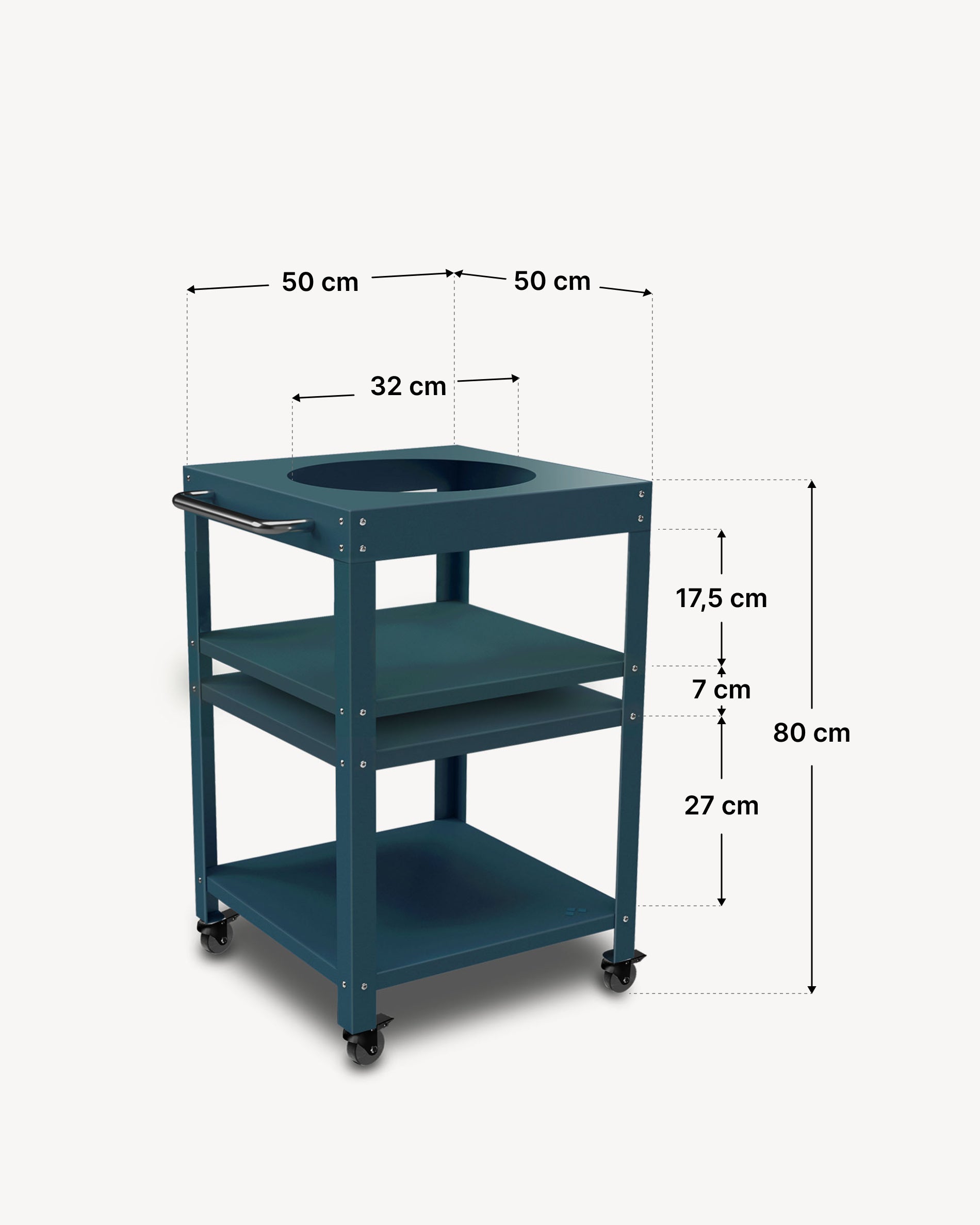 Dimensions of the 50 × 50 cm metal side table for Kokko 13, ocean blue color.