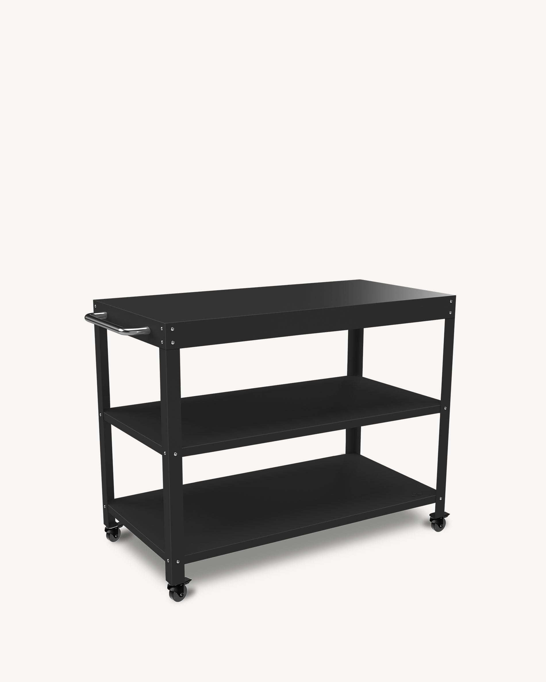 Black metal trolley with three shelves, mounted on wheels, featuring an integrated side handle.