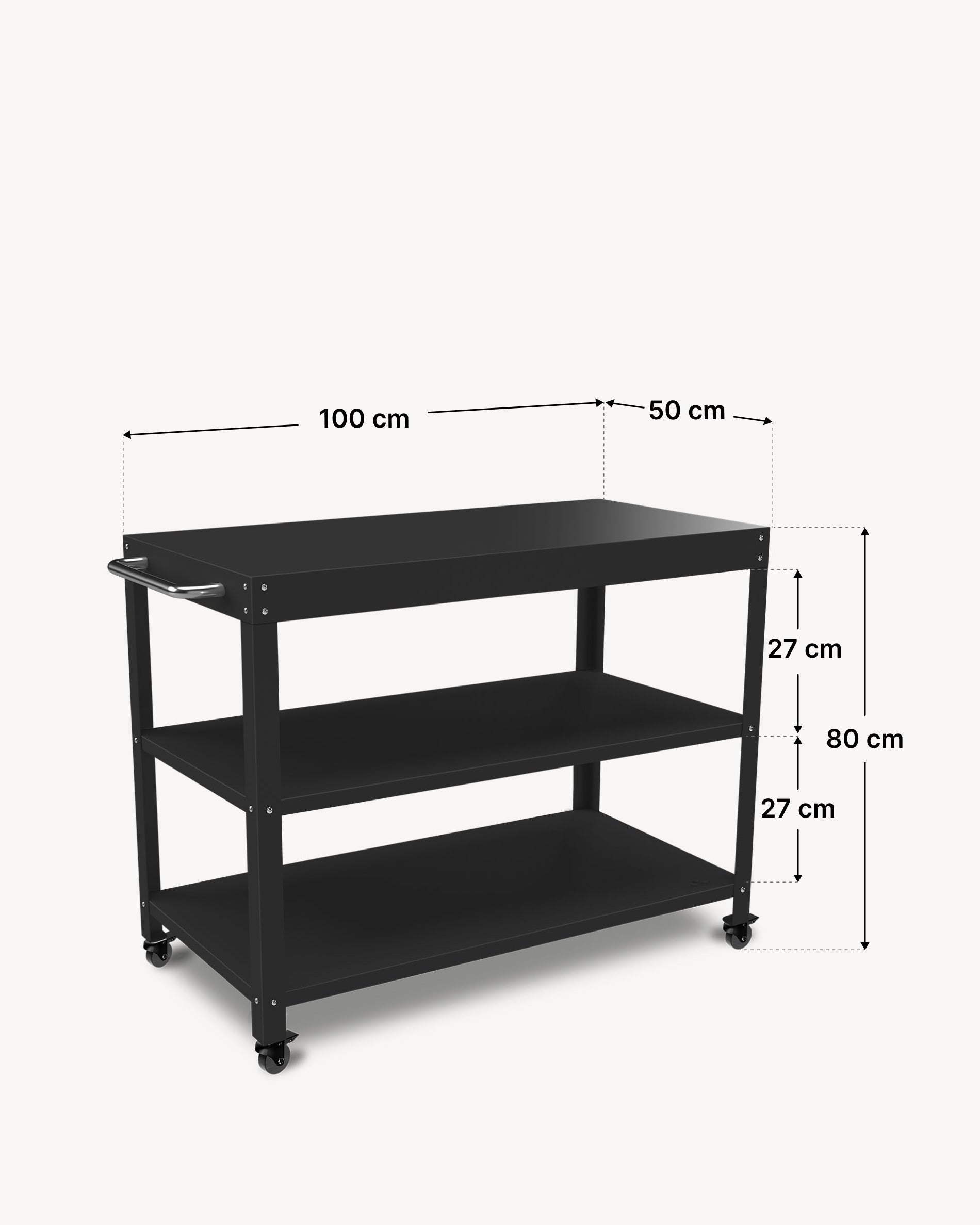 Desserte en métal avec trois plateaux, dimensions indiquées : largeur 100 cm, profondeur 50 cm et hauteur totale 80 cm.